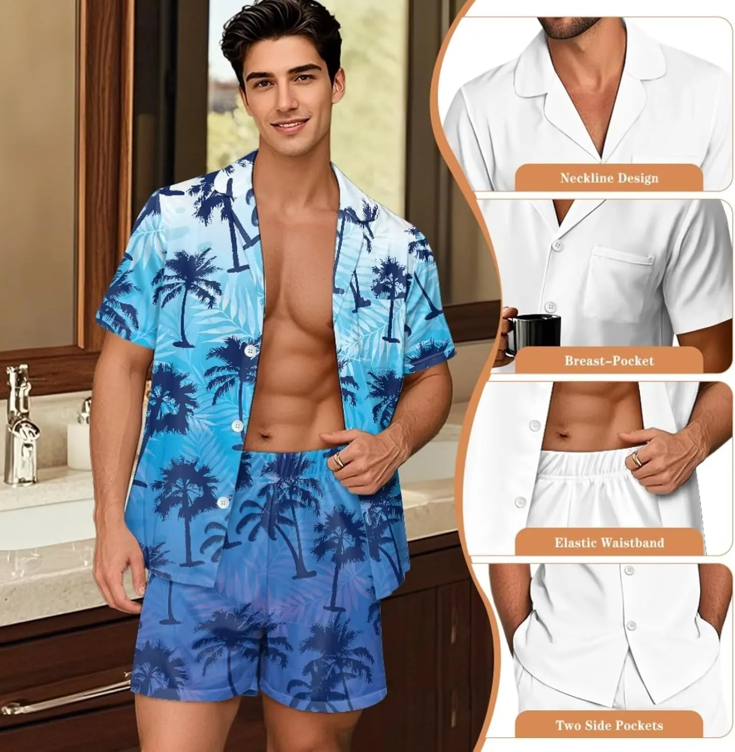 Mens Pajama Sets Men Sleepwear Set Button Down Top Short Pant with Pockets Nightwear Loungewear for Summer