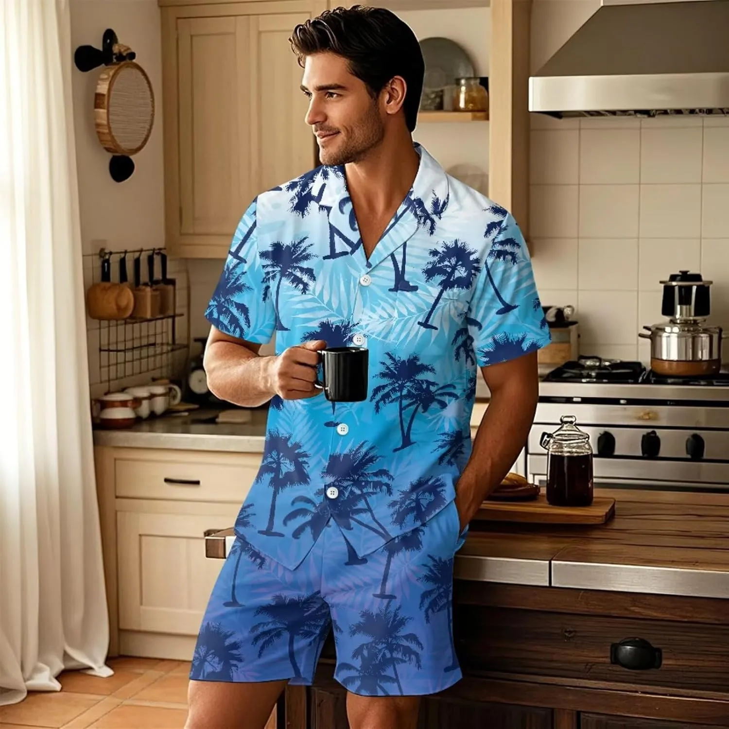 Mens Pajama Sets Men Sleepwear Set Button Down Top Short Pant with Pockets Nightwear Loungewear for Summer