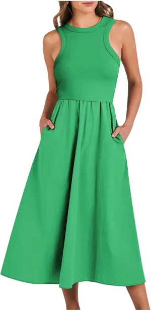 Midi Summer Dresses for Women 2024 Casual Ribbed Loose Fit a Line Dresses Solid Color Sleeveless Long Maxi Dresses