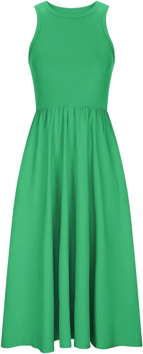 Midi Summer Dresses for Women 2024 Casual Ribbed Loose Fit a Line Dresses Solid Color Sleeveless Long Maxi Dresses