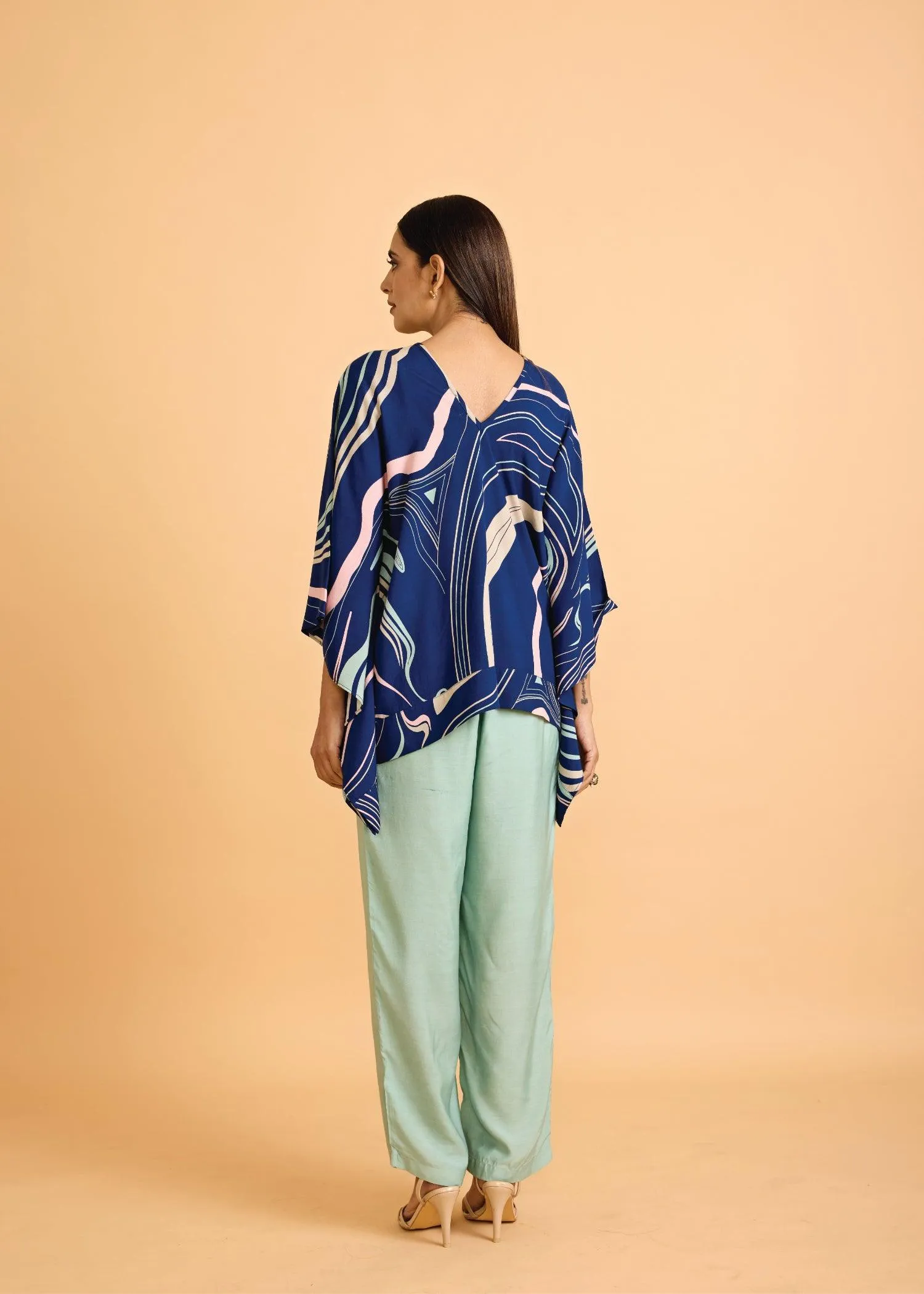 Midnight Blue & Mint Loose Viscose V- Neck Kaftan