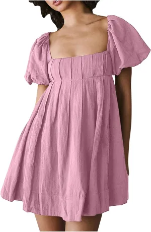 Mini Summer Dress Lounge 2024 Waist Puff Sleeve Knee Length Dresses Ruffle Ruched Solid Color Loose Short Dresses