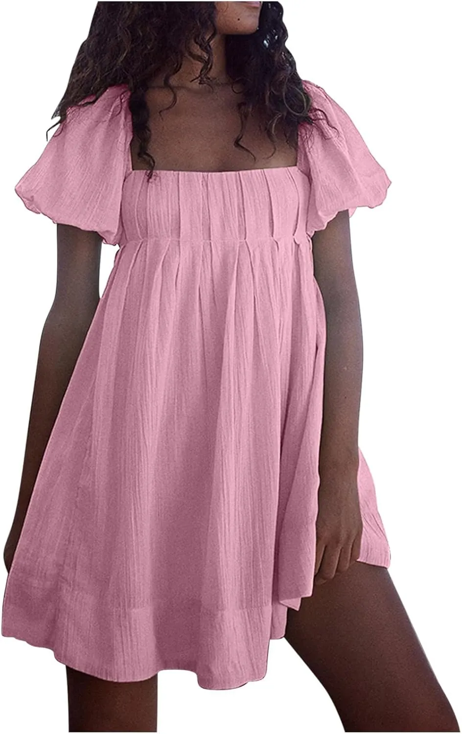 Mini Summer Dress Lounge 2024 Waist Puff Sleeve Knee Length Dresses Ruffle Ruched Solid Color Loose Short Dresses