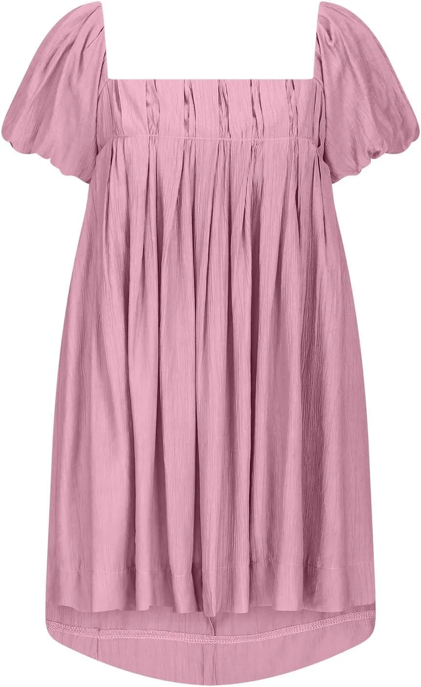 Mini Summer Dress Lounge 2024 Waist Puff Sleeve Knee Length Dresses Ruffle Ruched Solid Color Loose Short Dresses