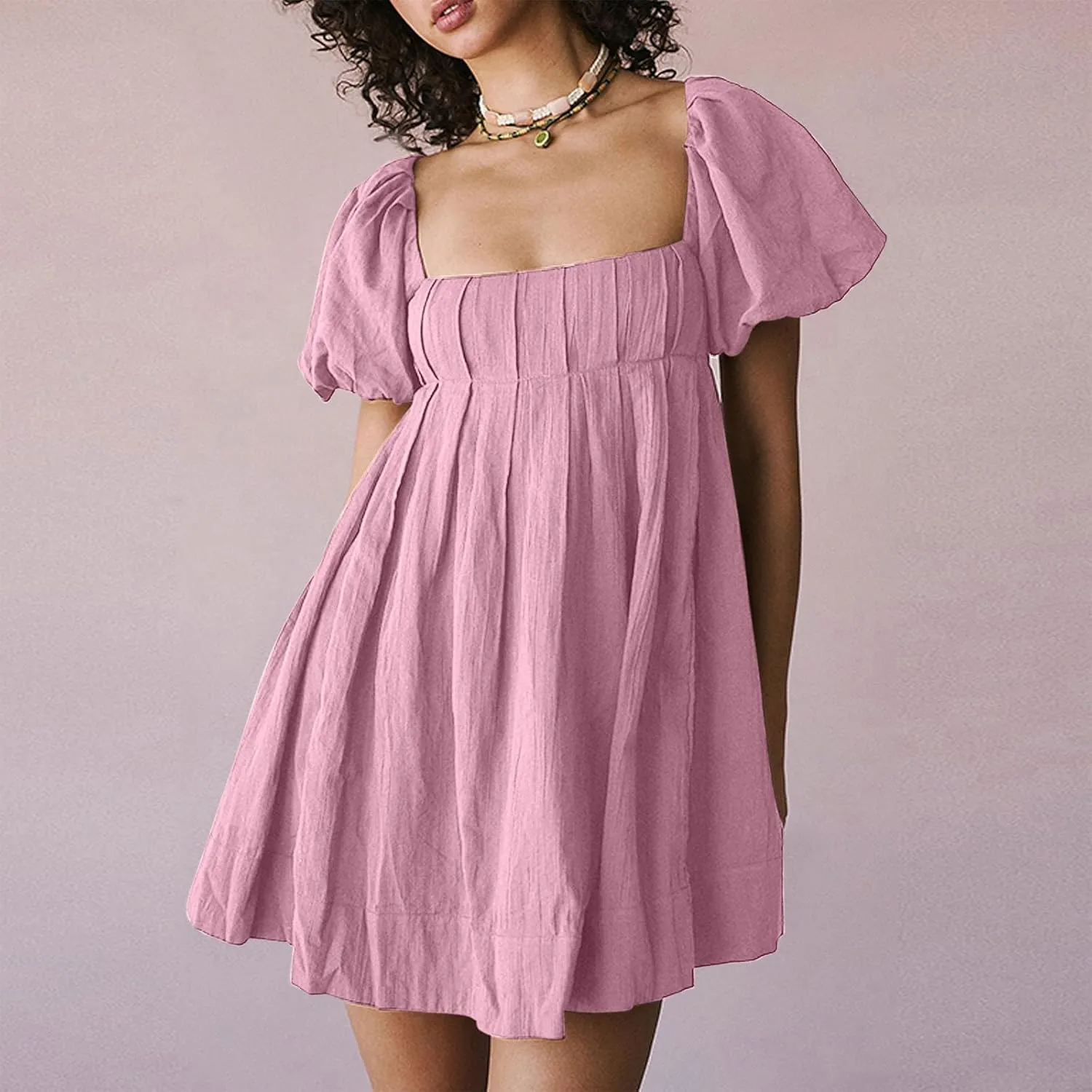 Mini Summer Dress Lounge 2024 Waist Puff Sleeve Knee Length Dresses Ruffle Ruched Solid Color Loose Short Dresses