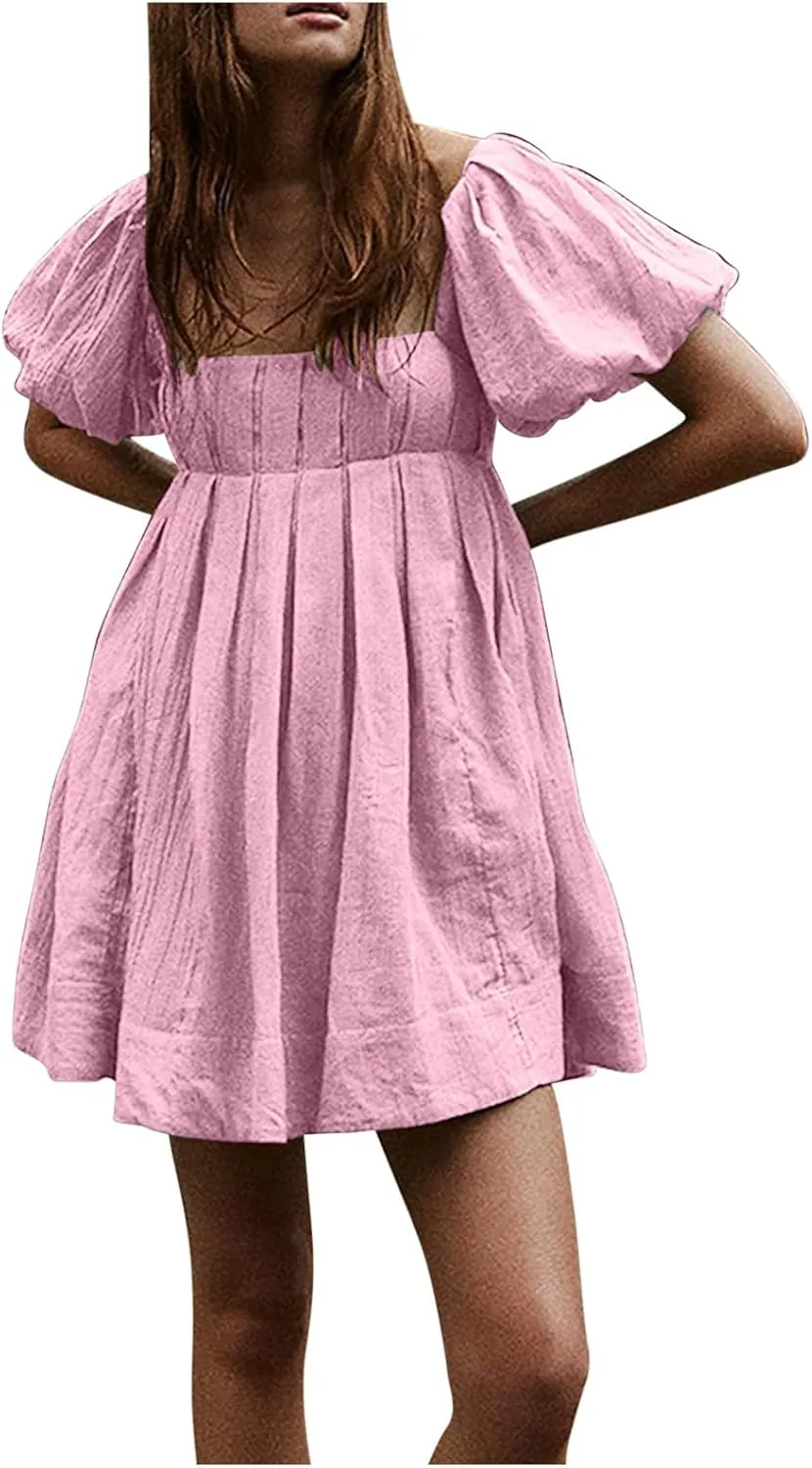 Mini Summer Dress Lounge 2024 Waist Puff Sleeve Knee Length Dresses Ruffle Ruched Solid Color Loose Short Dresses