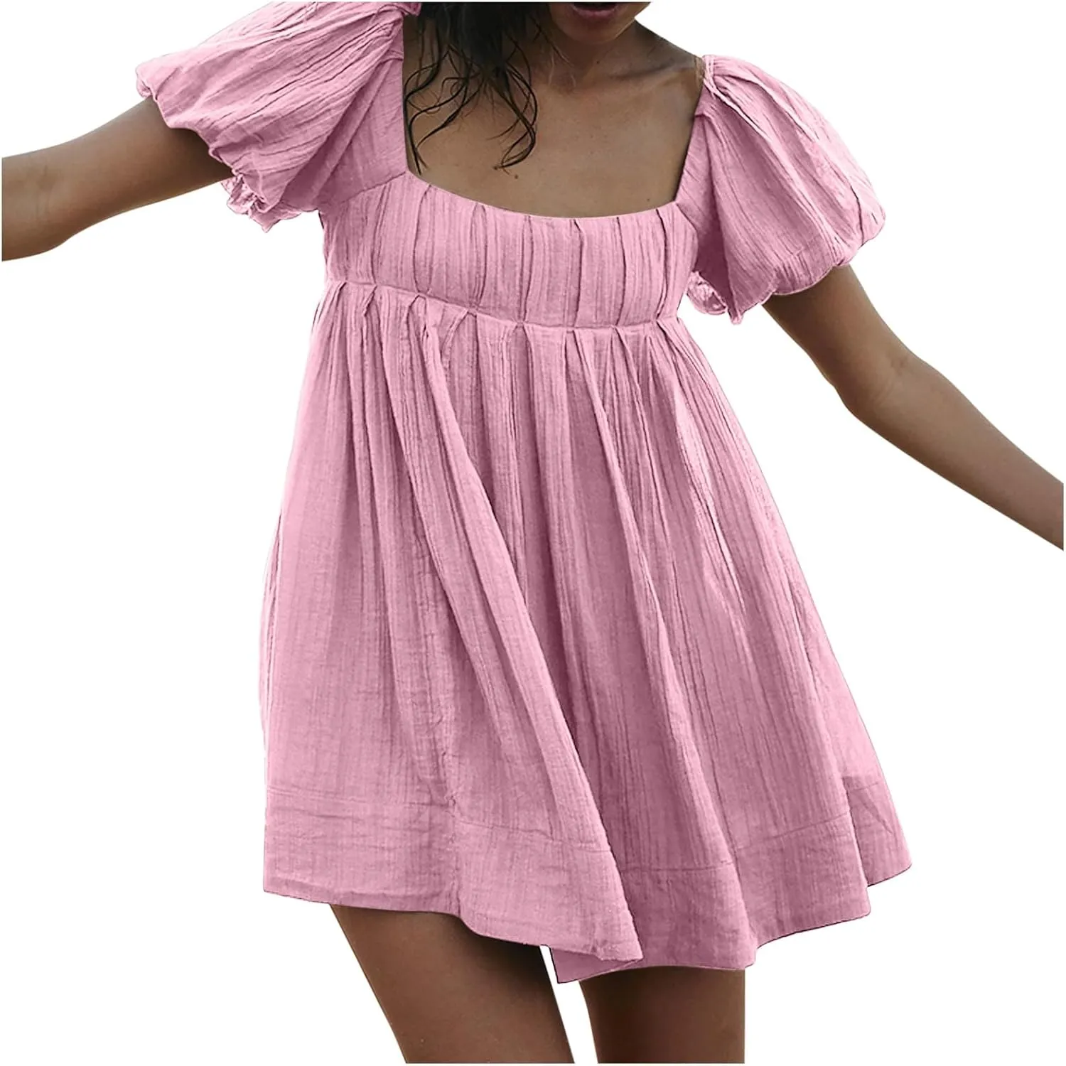 Mini Summer Dress Lounge 2024 Waist Puff Sleeve Knee Length Dresses Ruffle Ruched Solid Color Loose Short Dresses