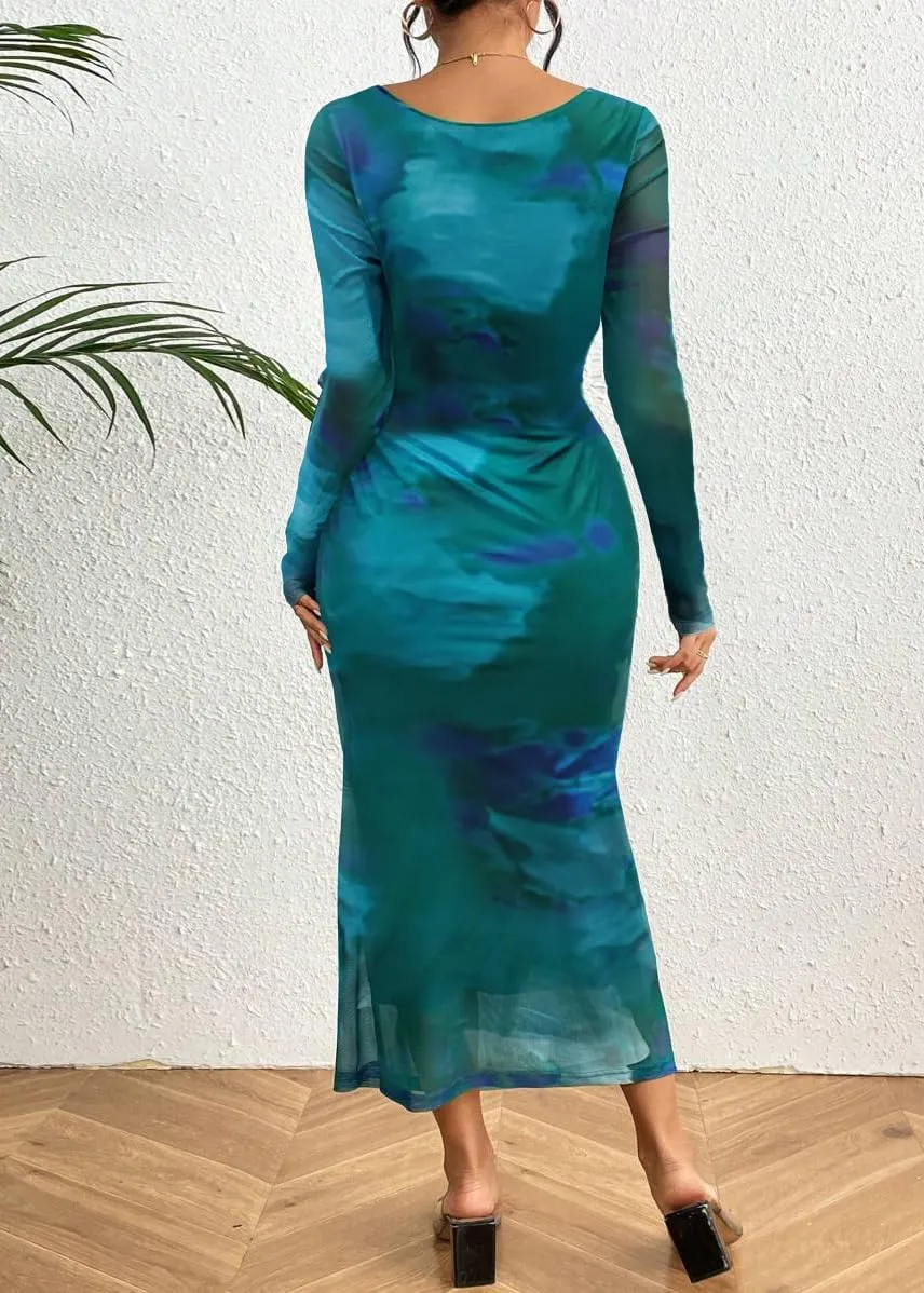 MOEENCN Women's Sexy Mesh Dress Long Sleeve Ruched Printed Bodycon Party Club Cocktail Maxi Dresses