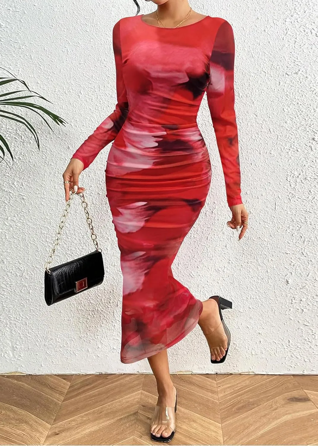 MOEENCN Women's Sexy Mesh Dress Long Sleeve Ruched Printed Bodycon Party Club Cocktail Maxi Dresses