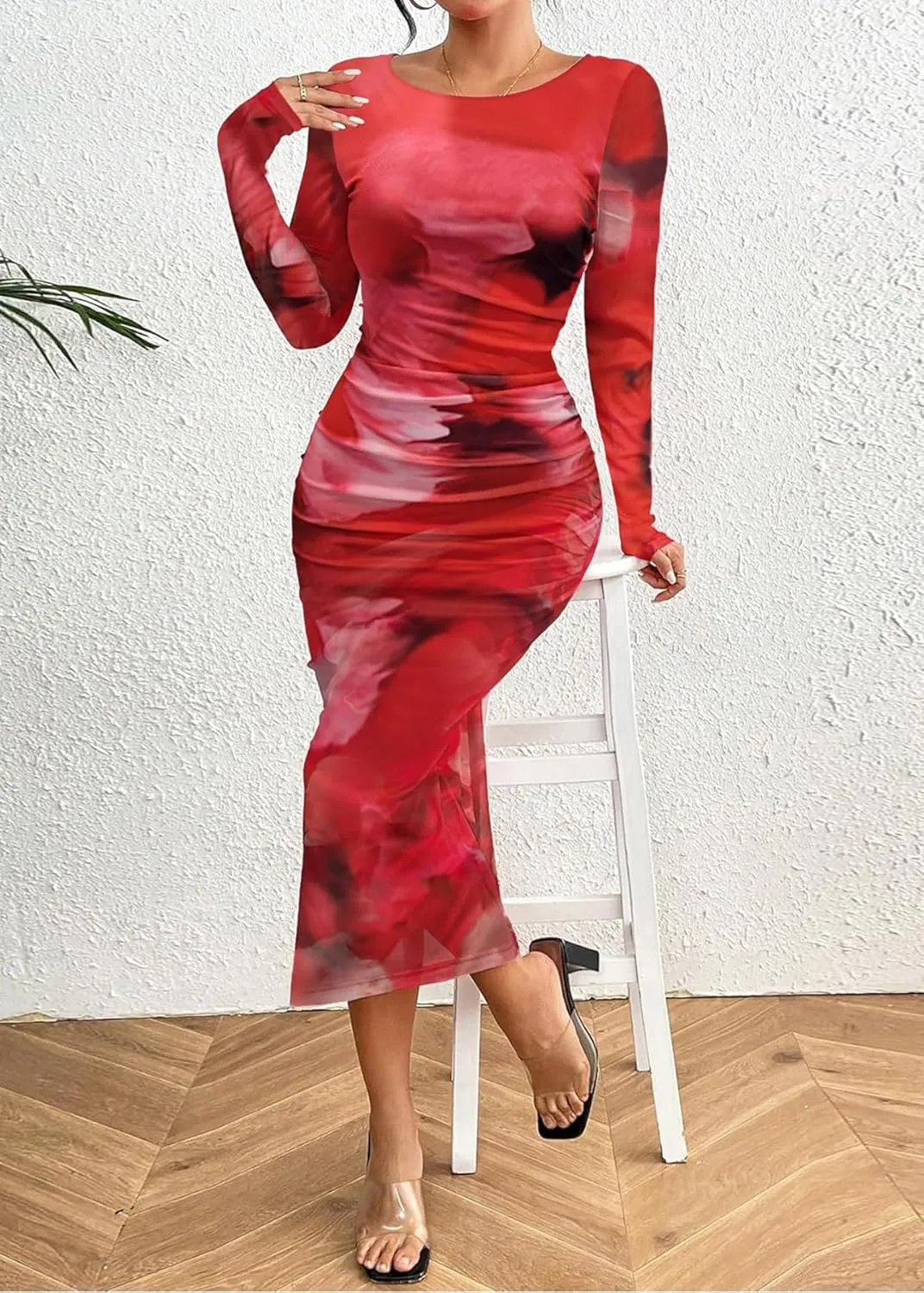 MOEENCN Women's Sexy Mesh Dress Long Sleeve Ruched Printed Bodycon Party Club Cocktail Maxi Dresses