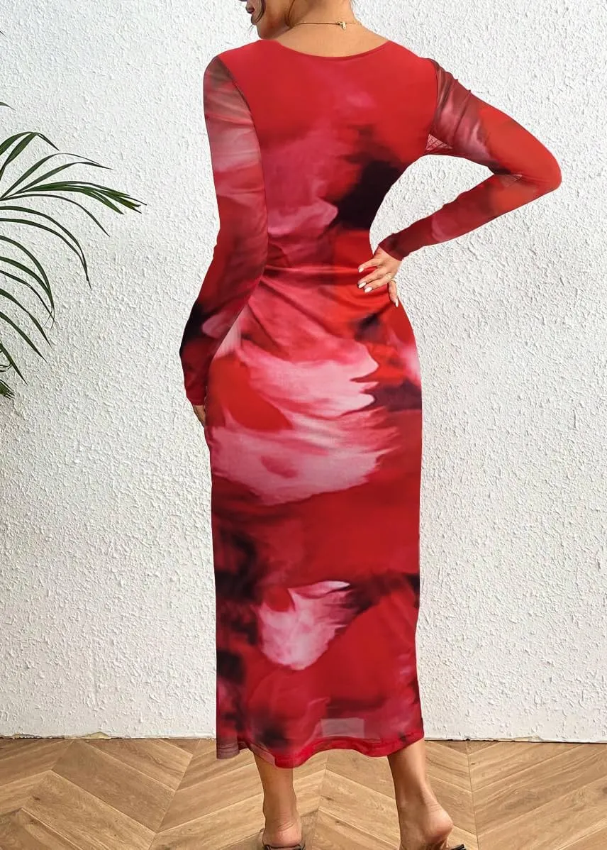 MOEENCN Women's Sexy Mesh Dress Long Sleeve Ruched Printed Bodycon Party Club Cocktail Maxi Dresses
