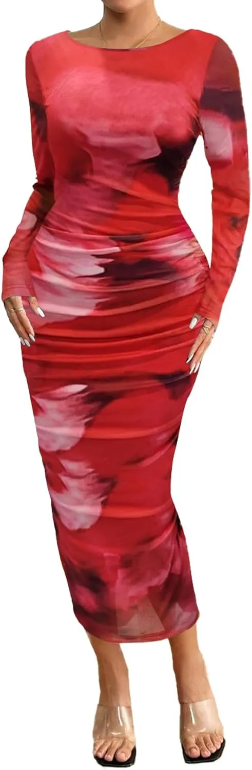 MOEENCN Women's Sexy Mesh Dress Long Sleeve Ruched Printed Bodycon Party Club Cocktail Maxi Dresses