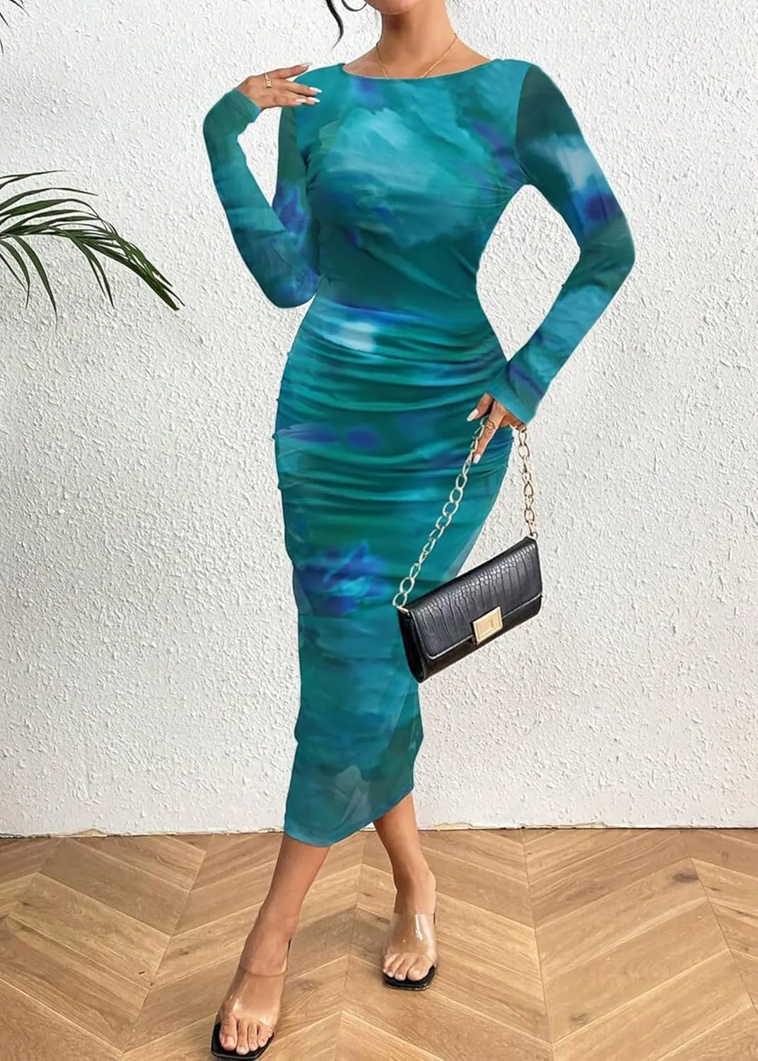 MOEENCN Women's Sexy Mesh Dress Long Sleeve Ruched Printed Bodycon Party Club Cocktail Maxi Dresses