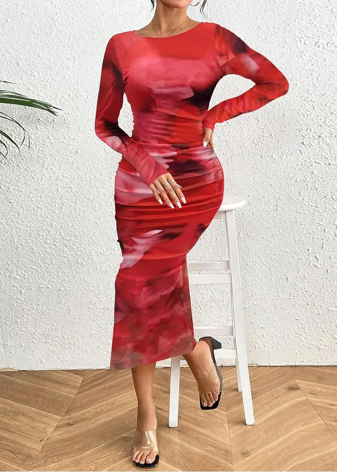 MOEENCN Women's Sexy Mesh Dress Long Sleeve Ruched Printed Bodycon Party Club Cocktail Maxi Dresses