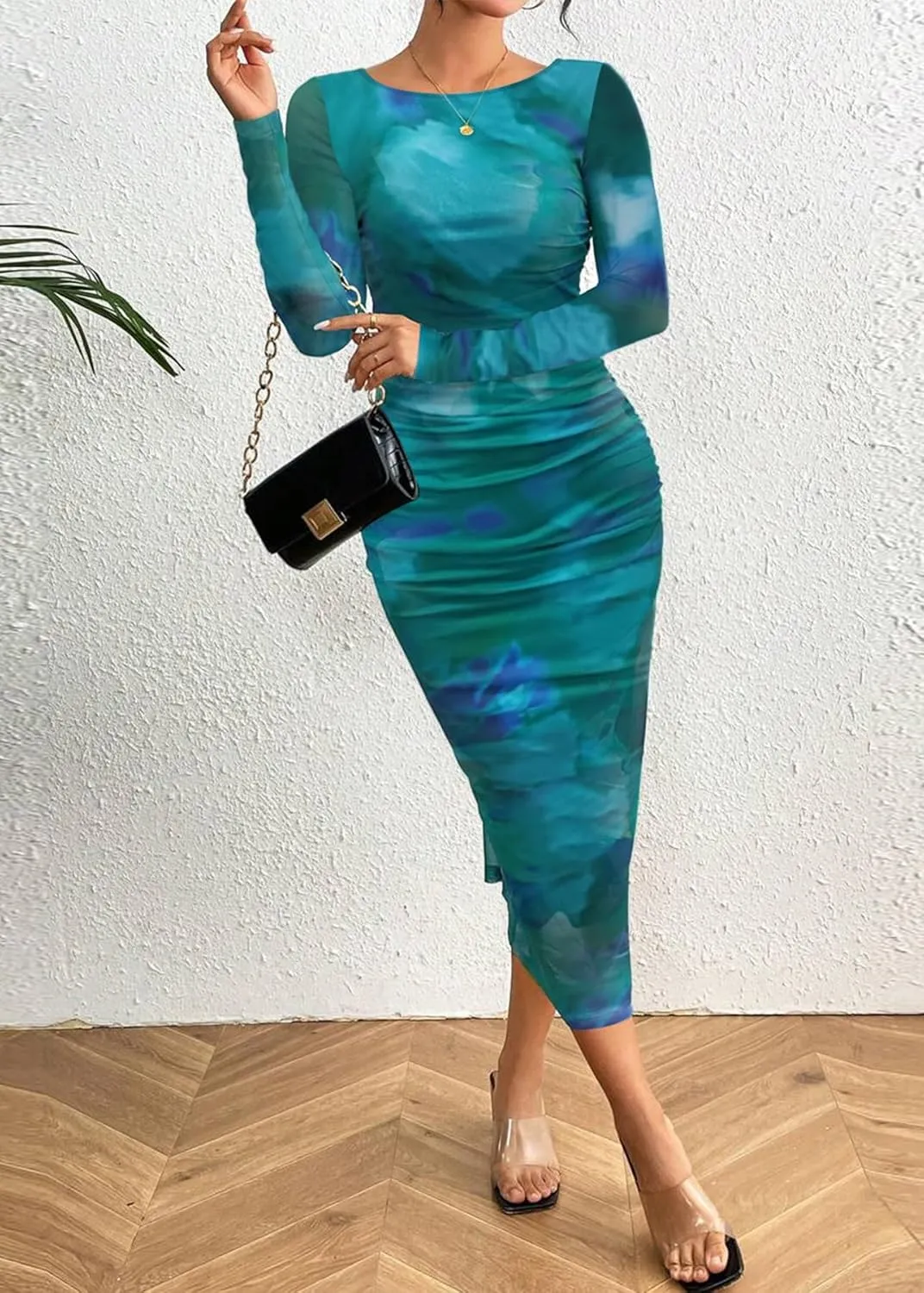 MOEENCN Women's Sexy Mesh Dress Long Sleeve Ruched Printed Bodycon Party Club Cocktail Maxi Dresses