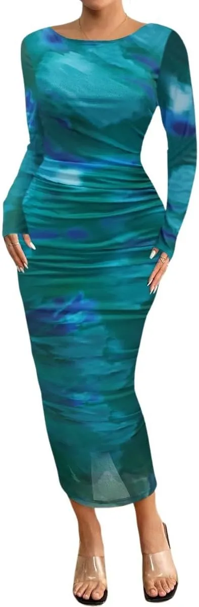 MOEENCN Women's Sexy Mesh Dress Long Sleeve Ruched Printed Bodycon Party Club Cocktail Maxi Dresses