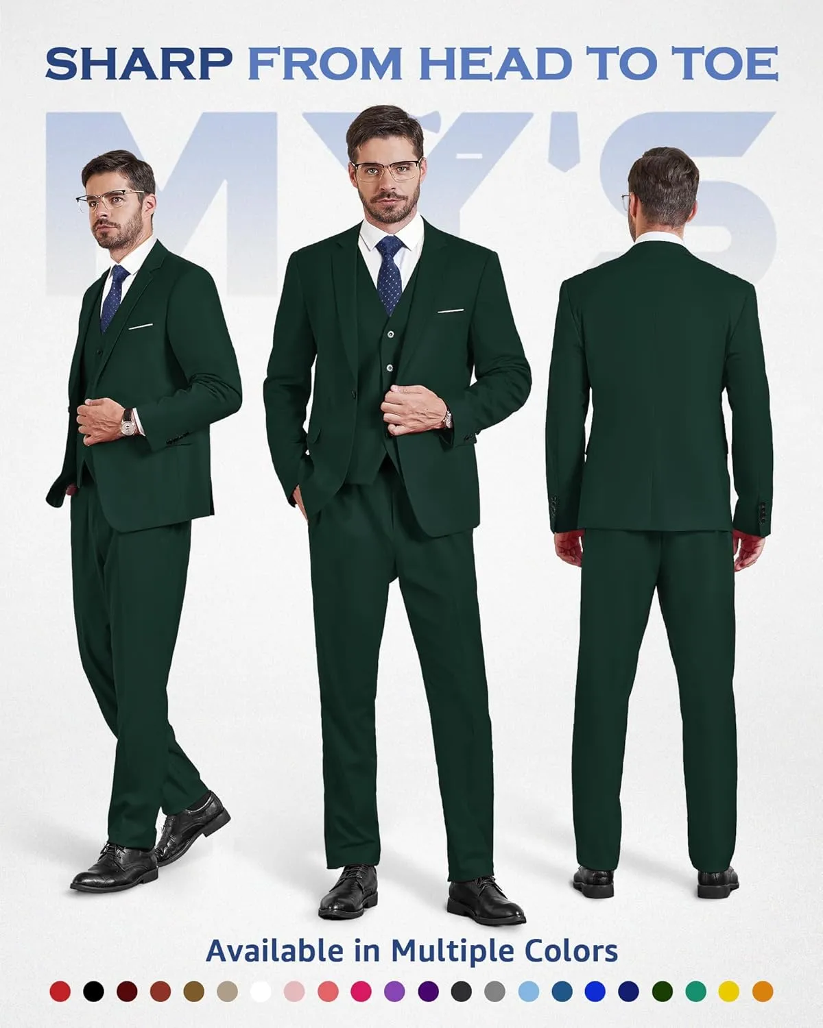 MY'S Men's 3 Piece Slim Fit Suit Set, One Button Solid Jacket Vest Pants with Tie