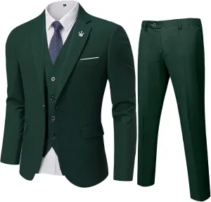 MY'S Men's 3 Piece Slim Fit Suit Set, One Button Solid Jacket Vest Pants with Tie