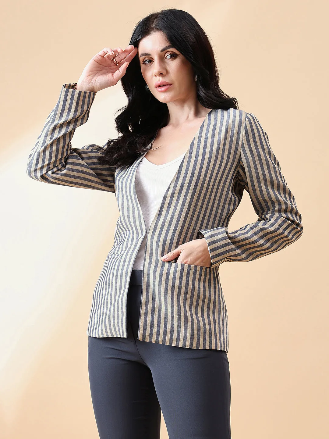 Navy Blue & Beige Poly Linen Stripe Blazer
