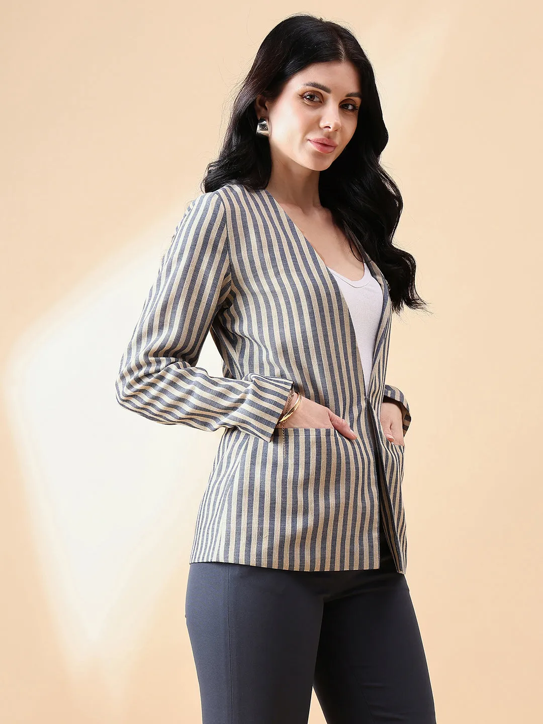 Navy Blue & Beige Poly Linen Stripe Blazer