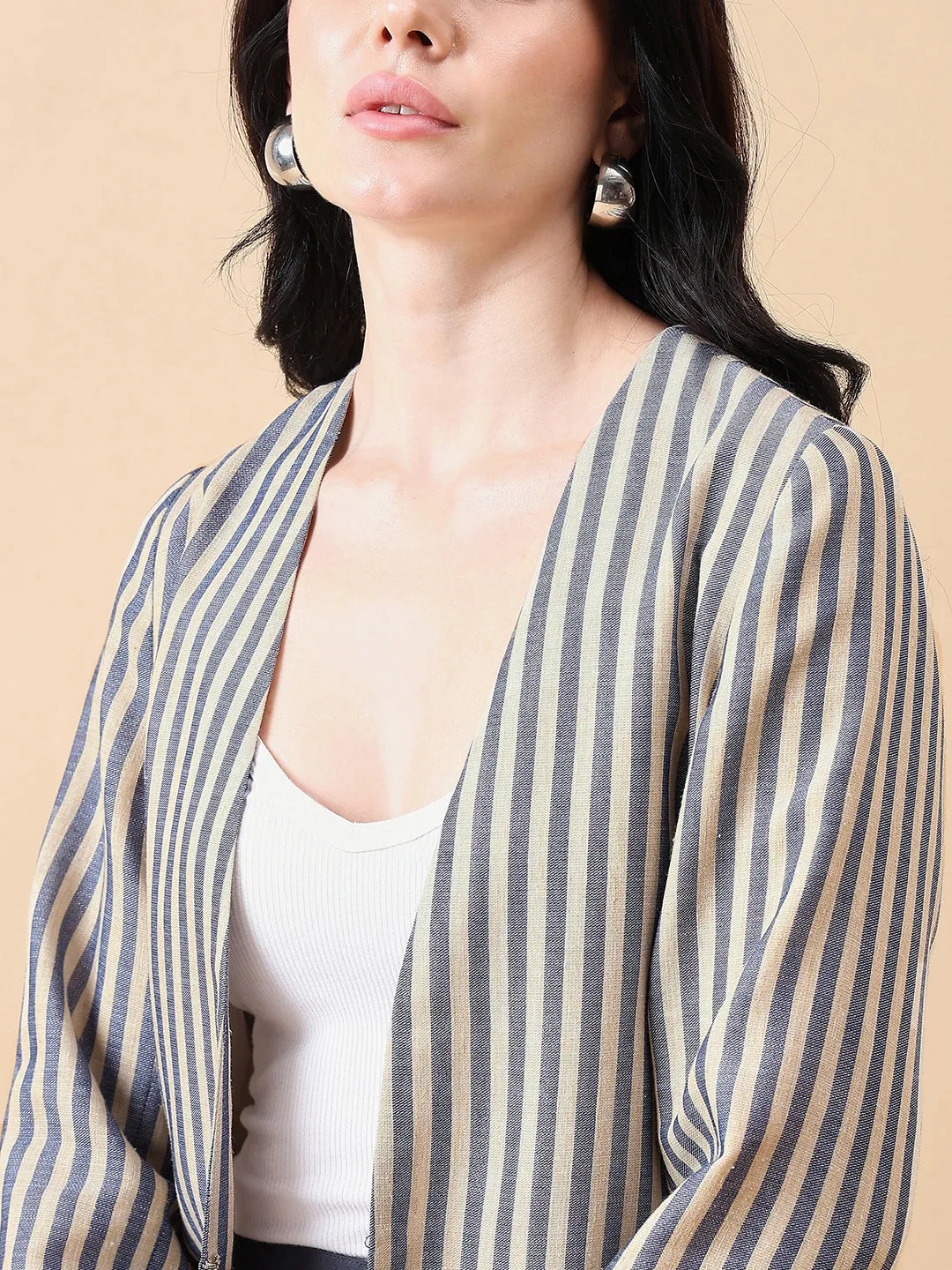 Navy Blue & Beige Poly Linen Stripe Blazer