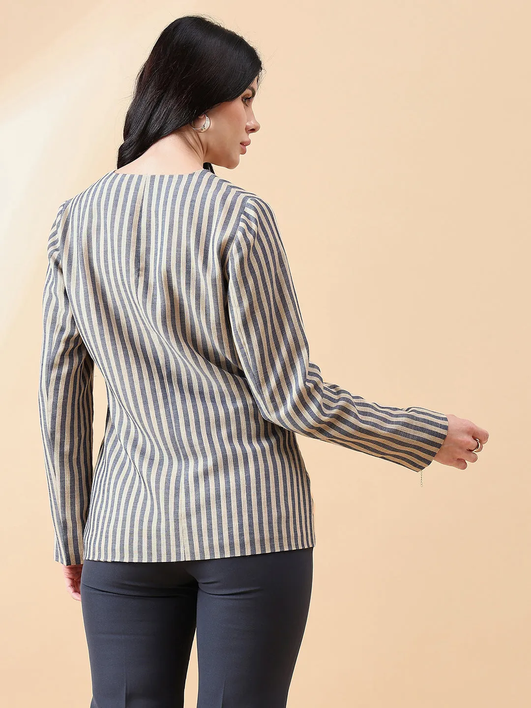 Navy Blue & Beige Poly Linen Stripe Blazer