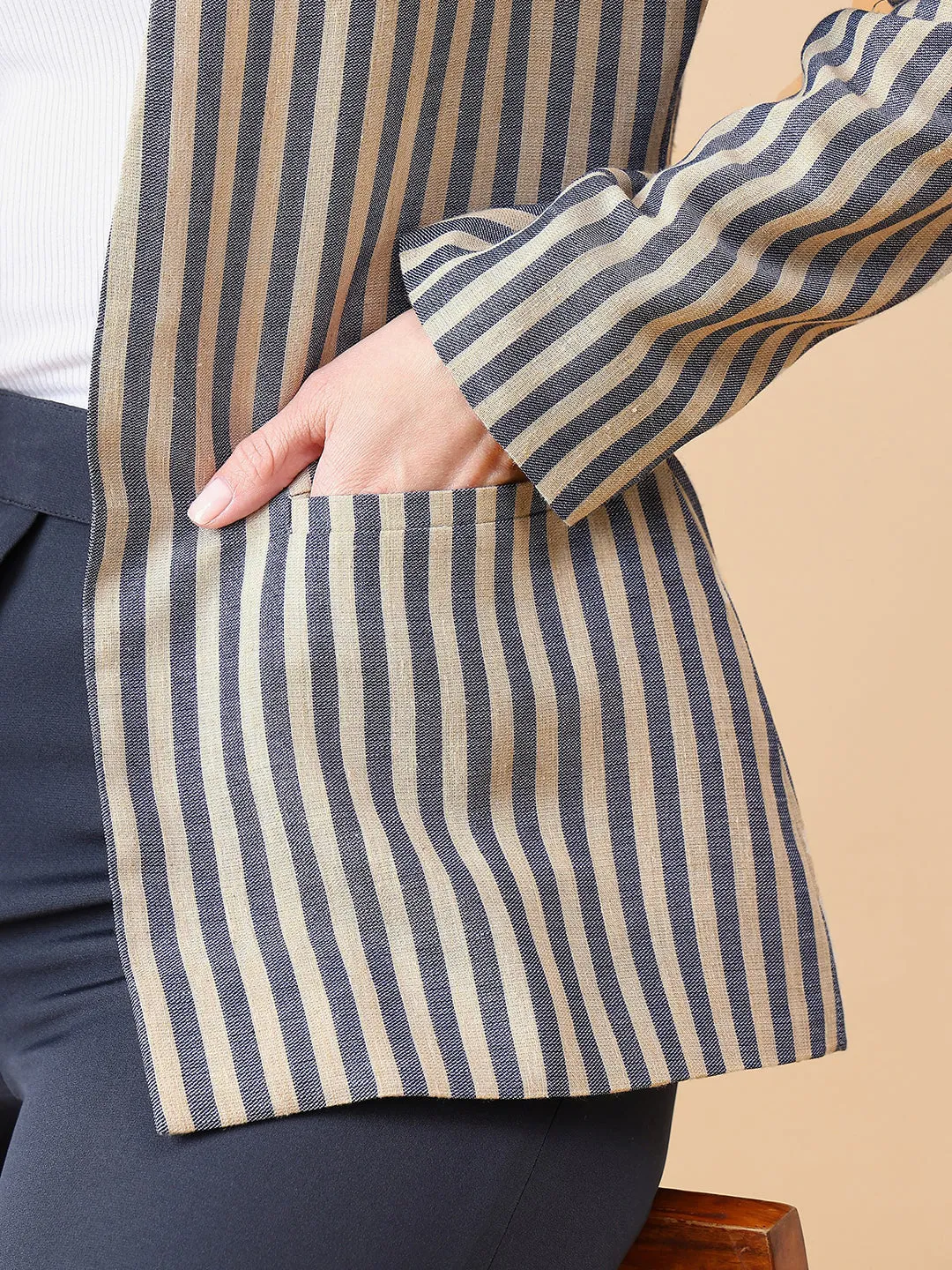 Navy Blue & Beige Poly Linen Stripe Blazer
