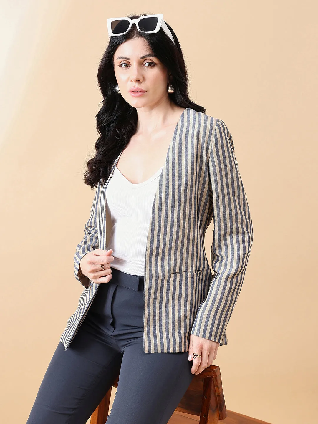 Navy Blue & Beige Poly Linen Stripe Blazer