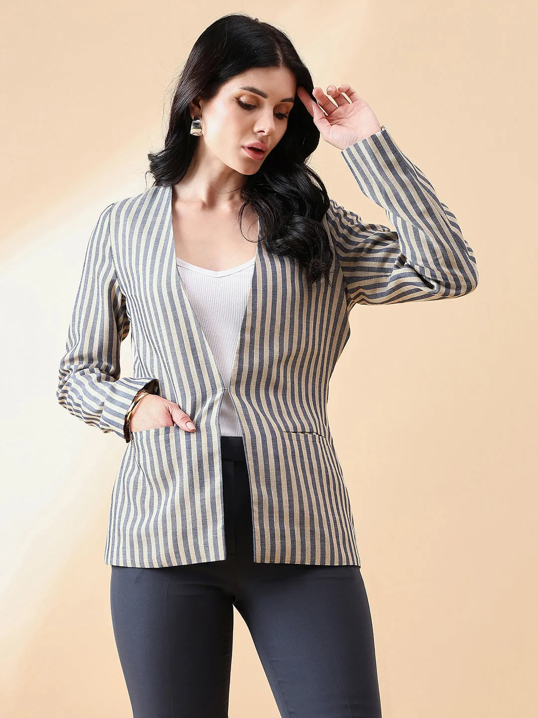 Navy Blue & Beige Poly Linen Stripe Blazer