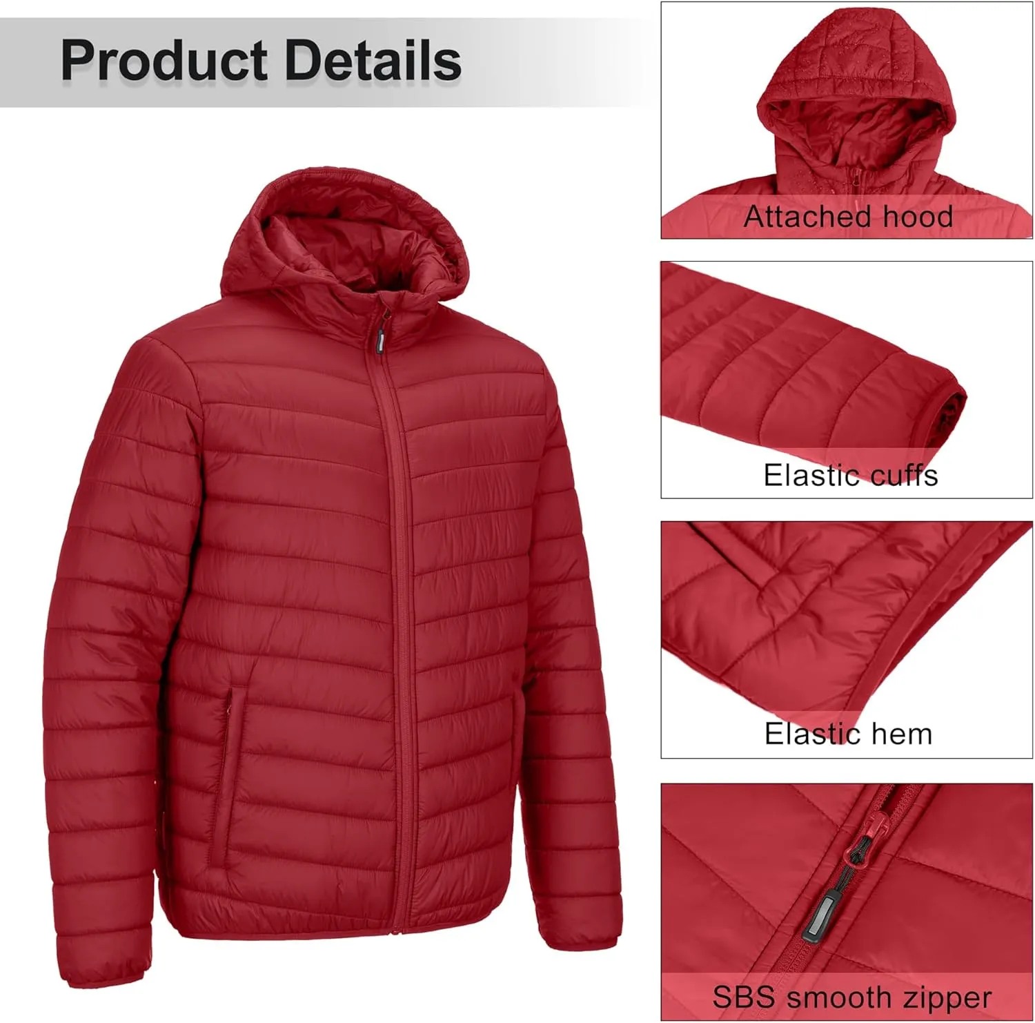 Outdoor Ventures Men's Lightweight Packable Hooded Puffer Jacket Insulated Winter Coat for Snow Ski Traveling