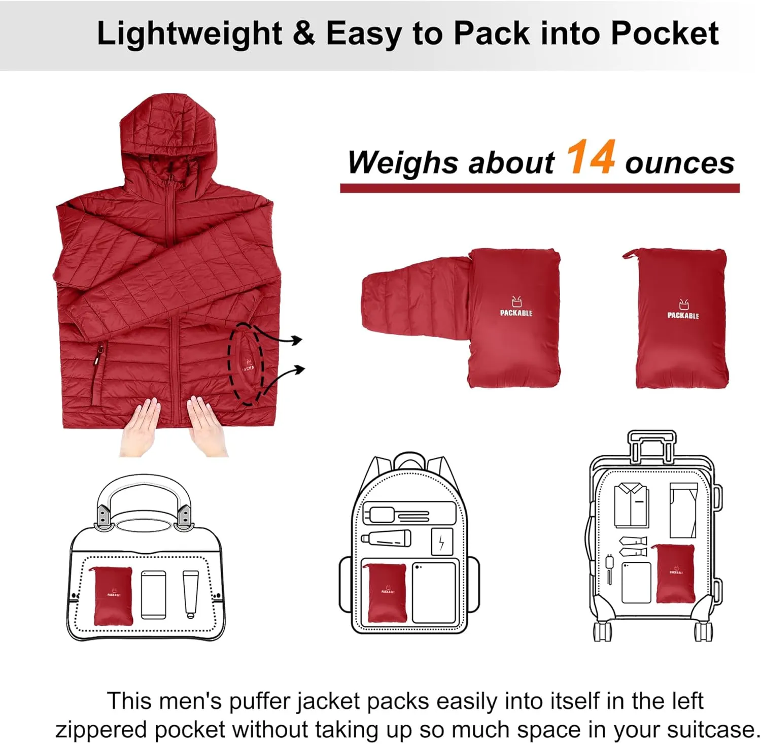 Outdoor Ventures Men's Lightweight Packable Hooded Puffer Jacket Insulated Winter Coat for Snow Ski Traveling