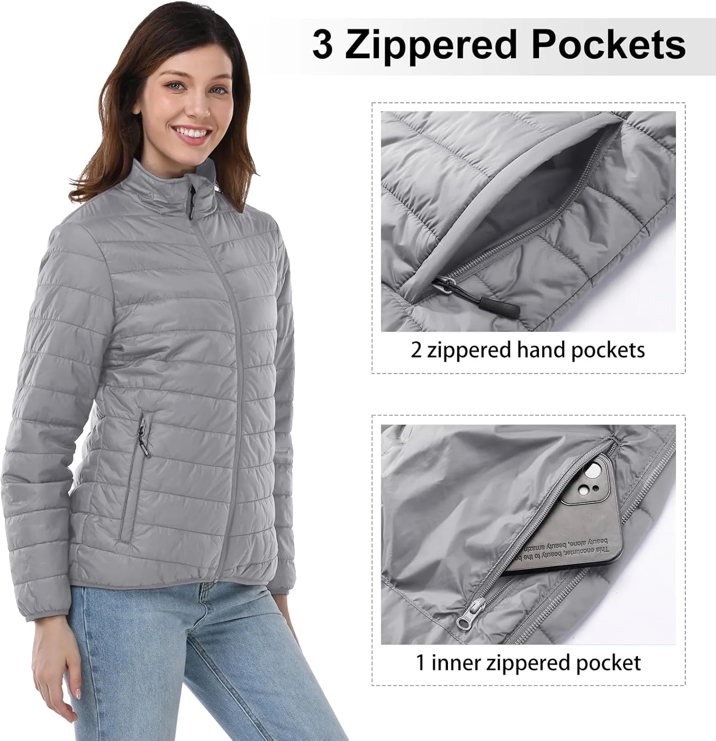 Outdoor Ventures Women's Packable Full-Zip Short Puffer Jacket Insulated Quilted Warm Lightweight Winter Coat