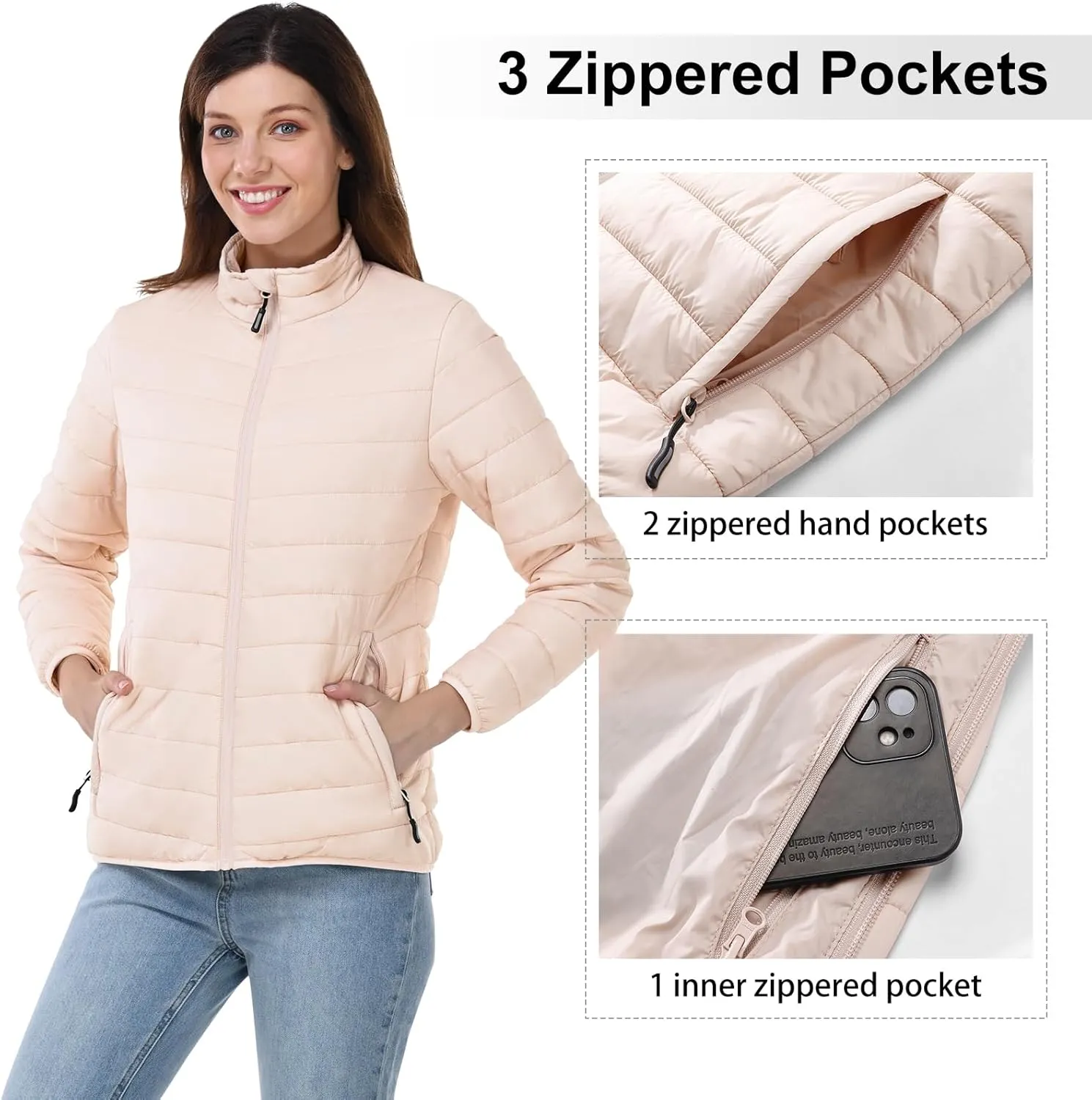 Outdoor Ventures Women's Packable Full-Zip Short Puffer Jacket Insulated Quilted Warm Lightweight Winter Coat
