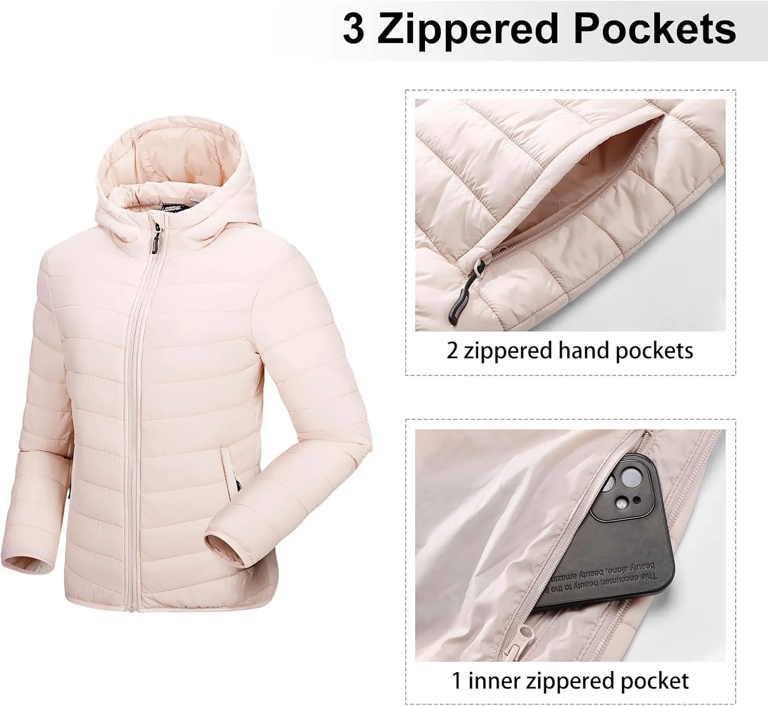 Outdoor Ventures Women's Packable Lightweight Full-Zip Puffer Jacket with Hood Quilted Winter Coat