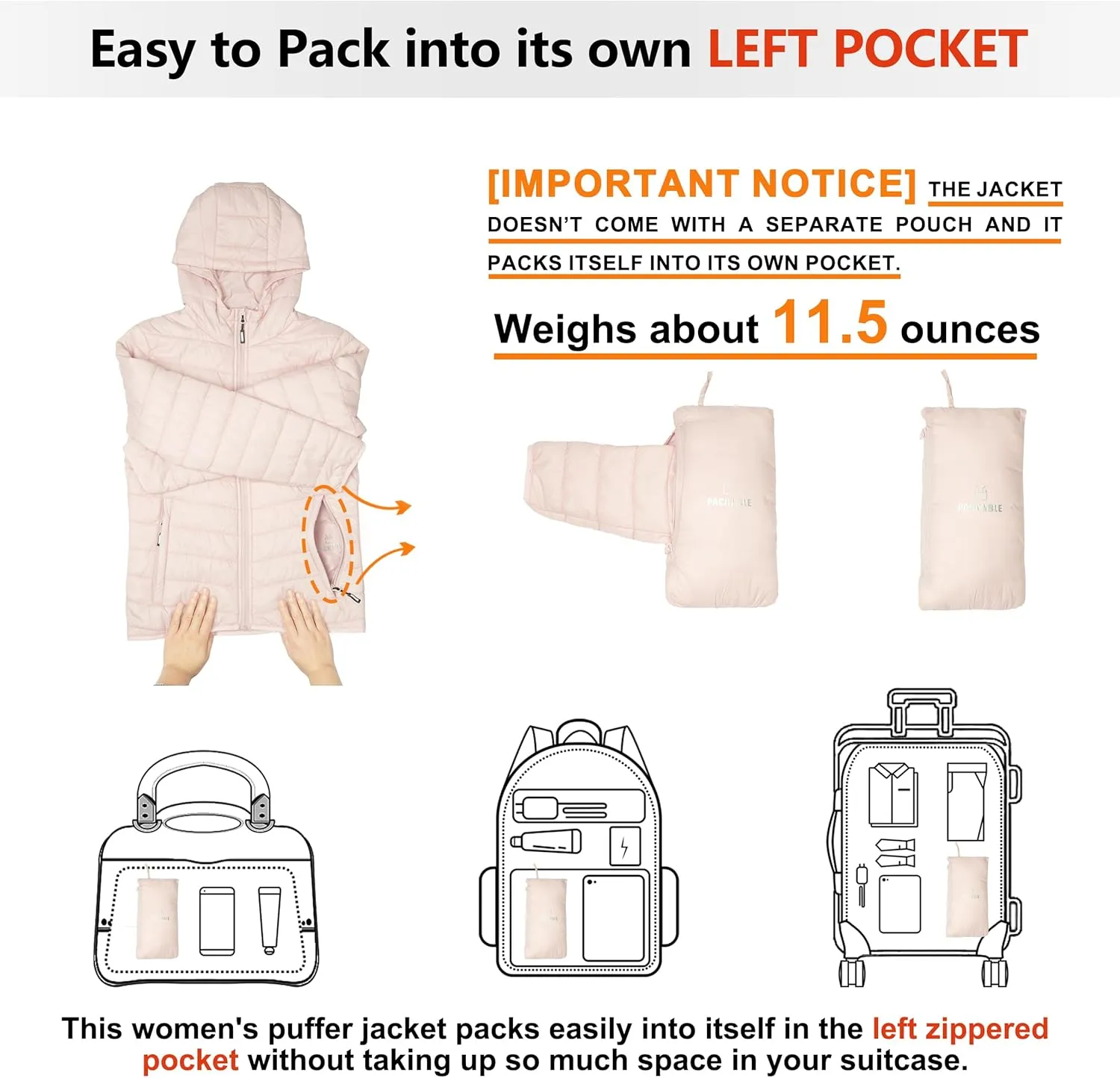 Outdoor Ventures Women's Packable Lightweight Full-Zip Puffer Jacket with Hood Quilted Winter Coat