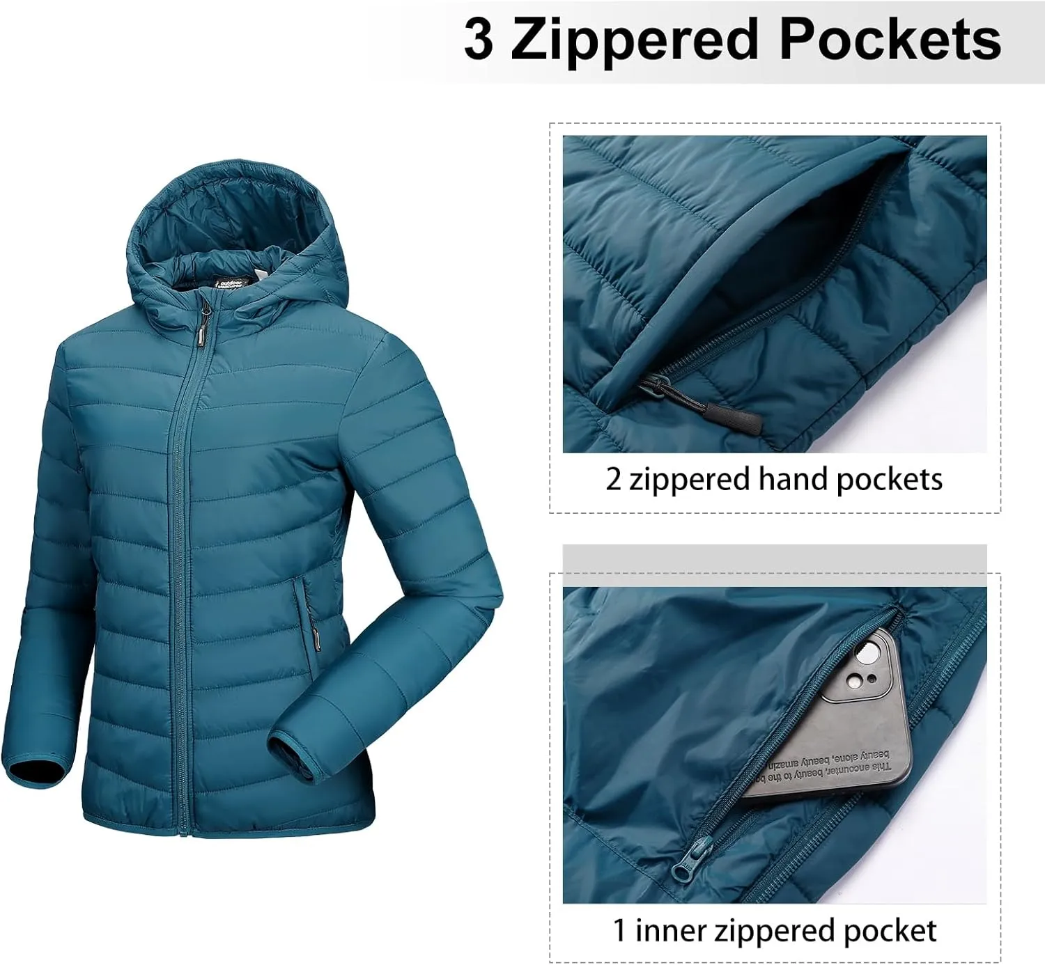 Outdoor Ventures Women's Packable Lightweight Full-Zip Puffer Jacket with Hood Quilted Winter Coat