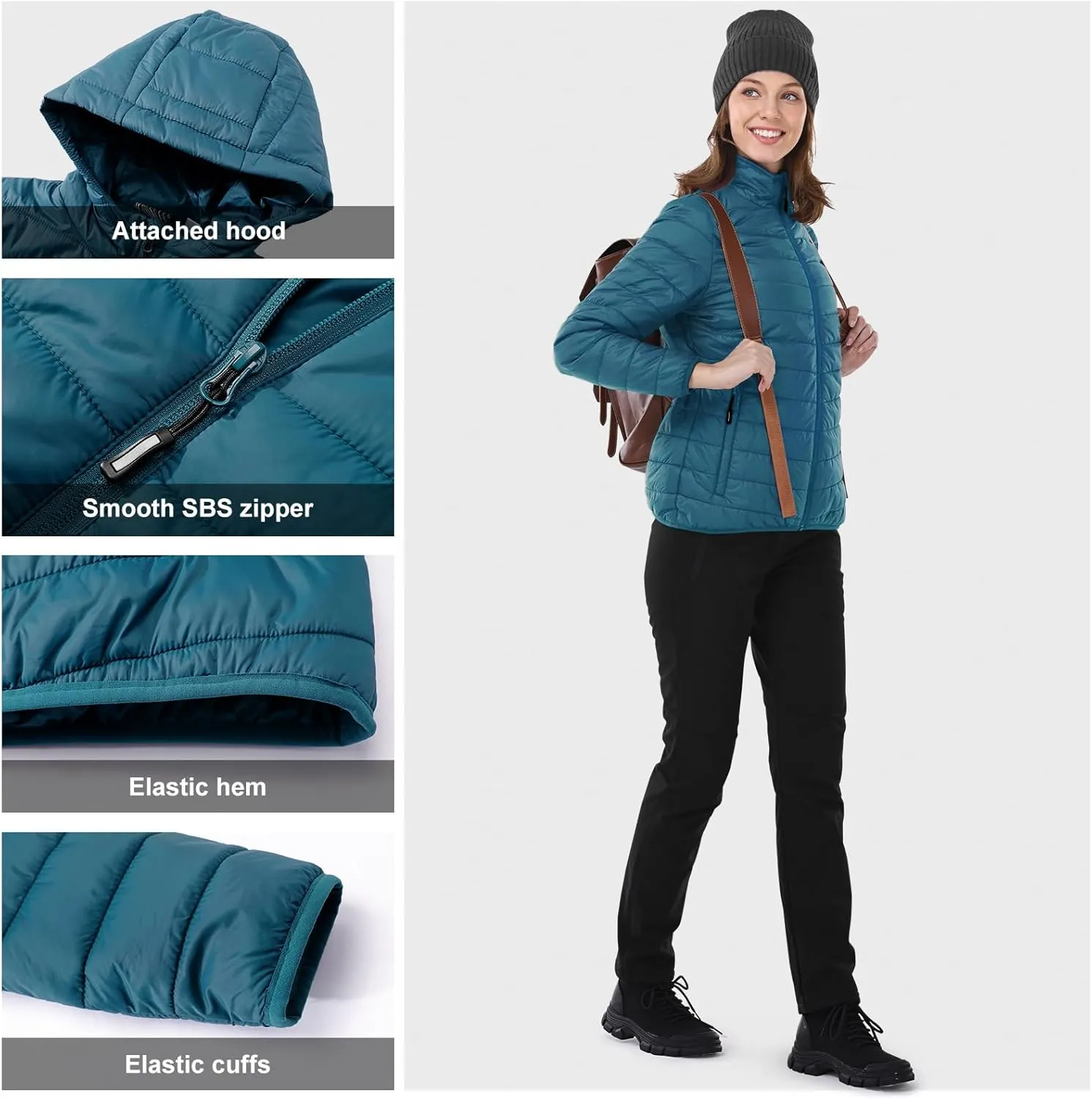 Outdoor Ventures Women's Packable Lightweight Full-Zip Puffer Jacket with Hood Quilted Winter Coat
