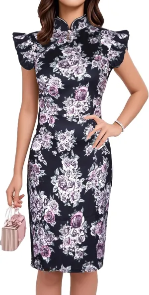 oxiuly Women's Vintage Floral Flare Party Wedding Stretch Bodycon Dresses Casual Work Pencil Dress OX183