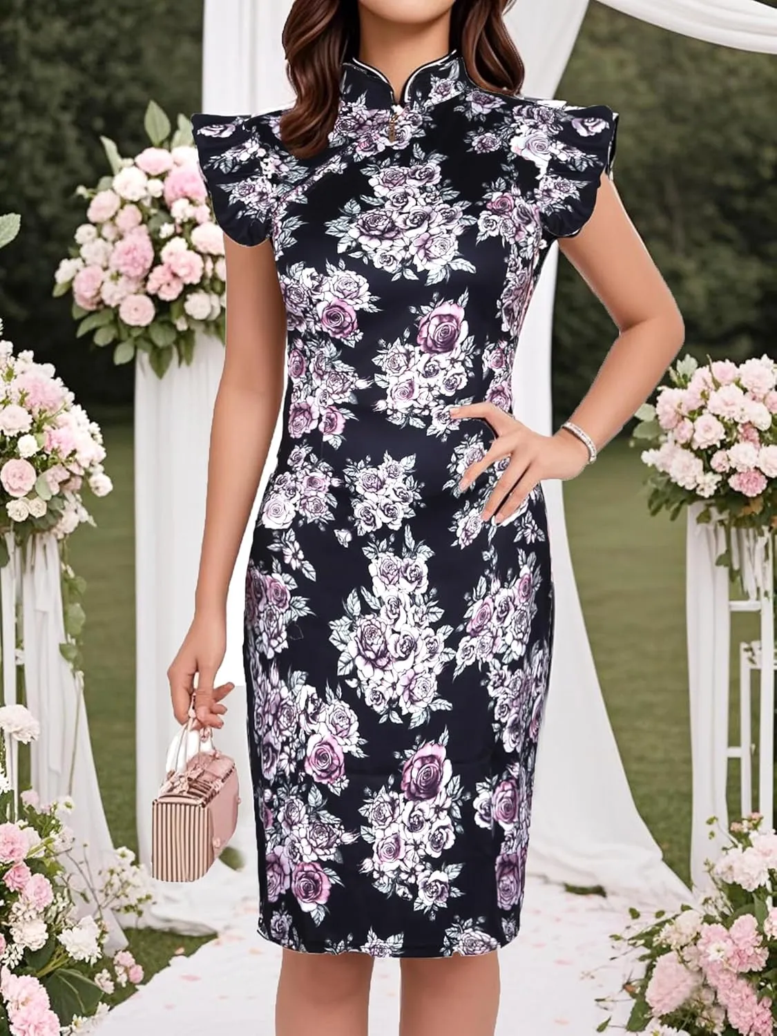 oxiuly Women's Vintage Floral Flare Party Wedding Stretch Bodycon Dresses Casual Work Pencil Dress OX183