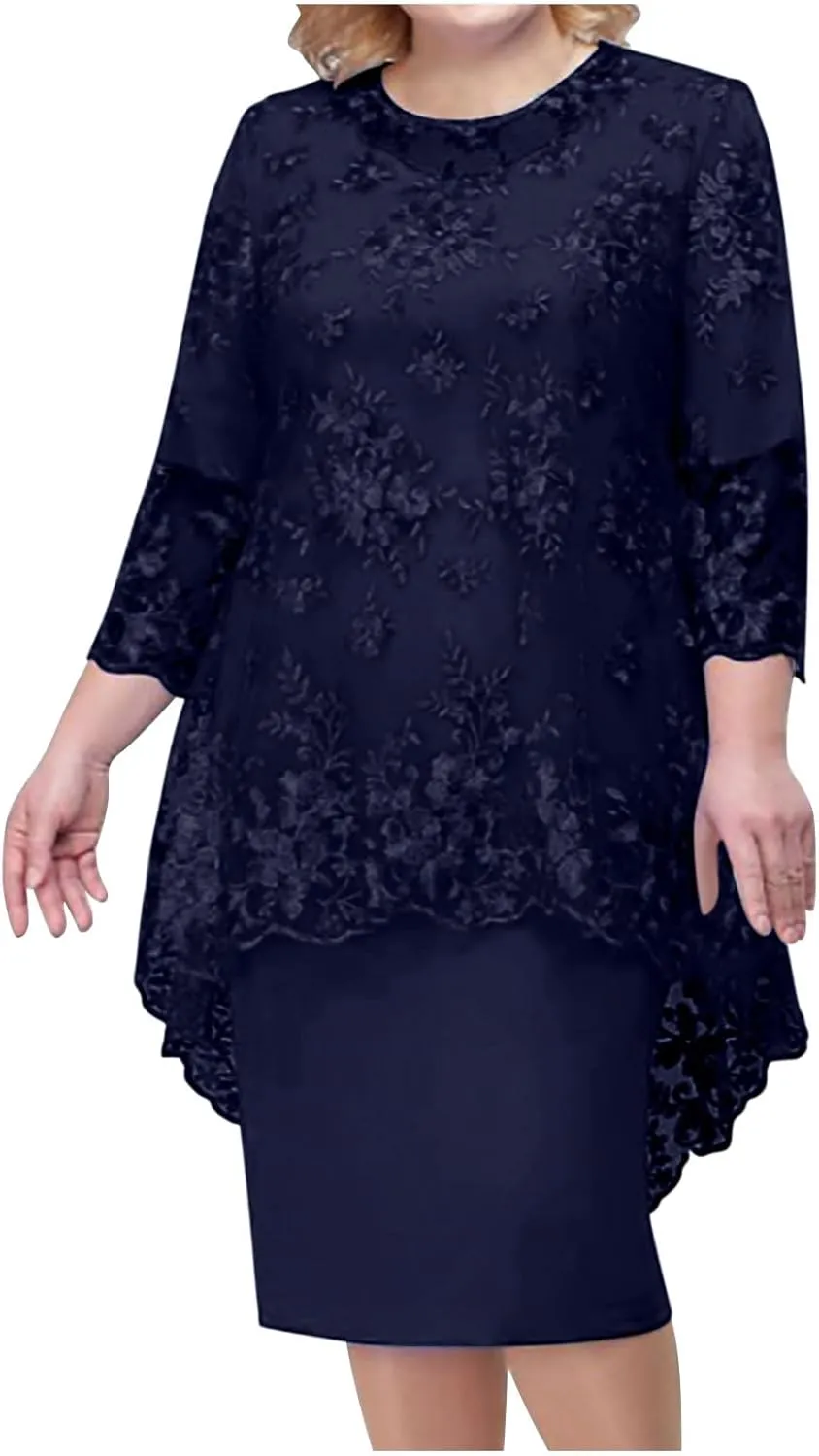 Plus Size Mother of The Bride Dress Floral Lace Mesh Wedding Guest Dresses 2PC 3/4 Sleeve High Low Top with Dress