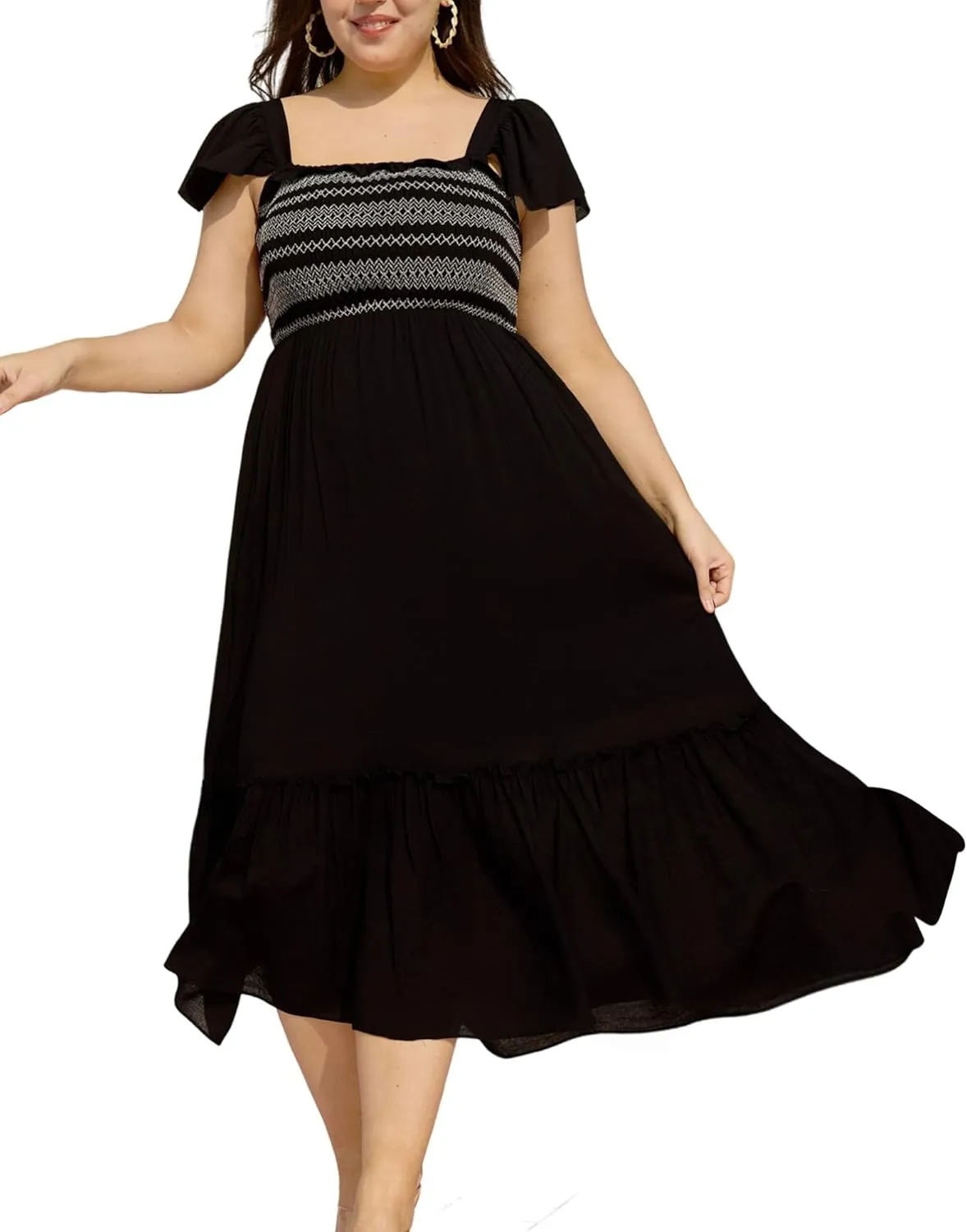 Plus Size Summer Square Neck Maxi Dress for Curvy Women Cap Sleeve Smocked Tiered Ruffle Flowy Casual Long Sundress