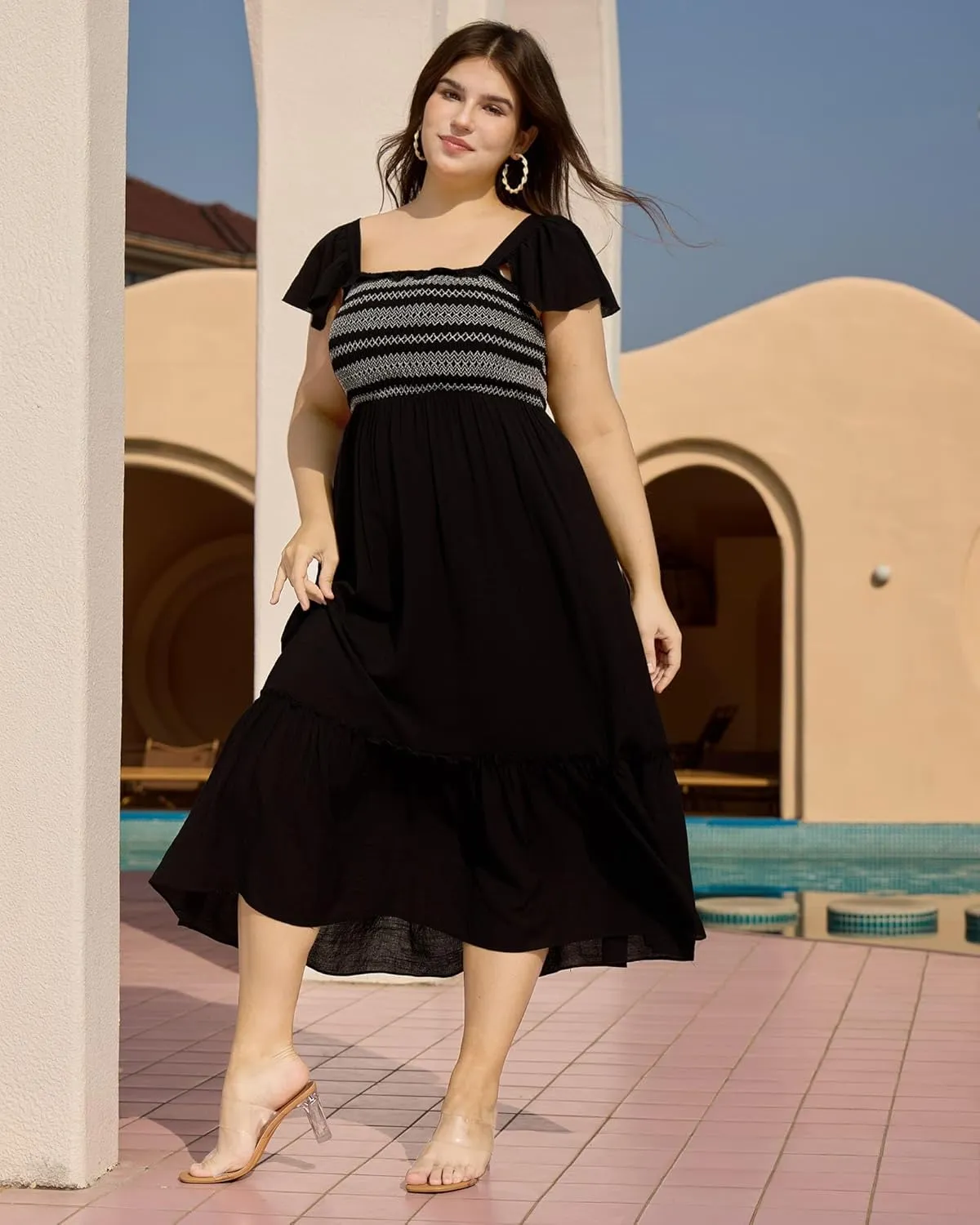 Plus Size Summer Square Neck Maxi Dress for Curvy Women Cap Sleeve Smocked Tiered Ruffle Flowy Casual Long Sundress