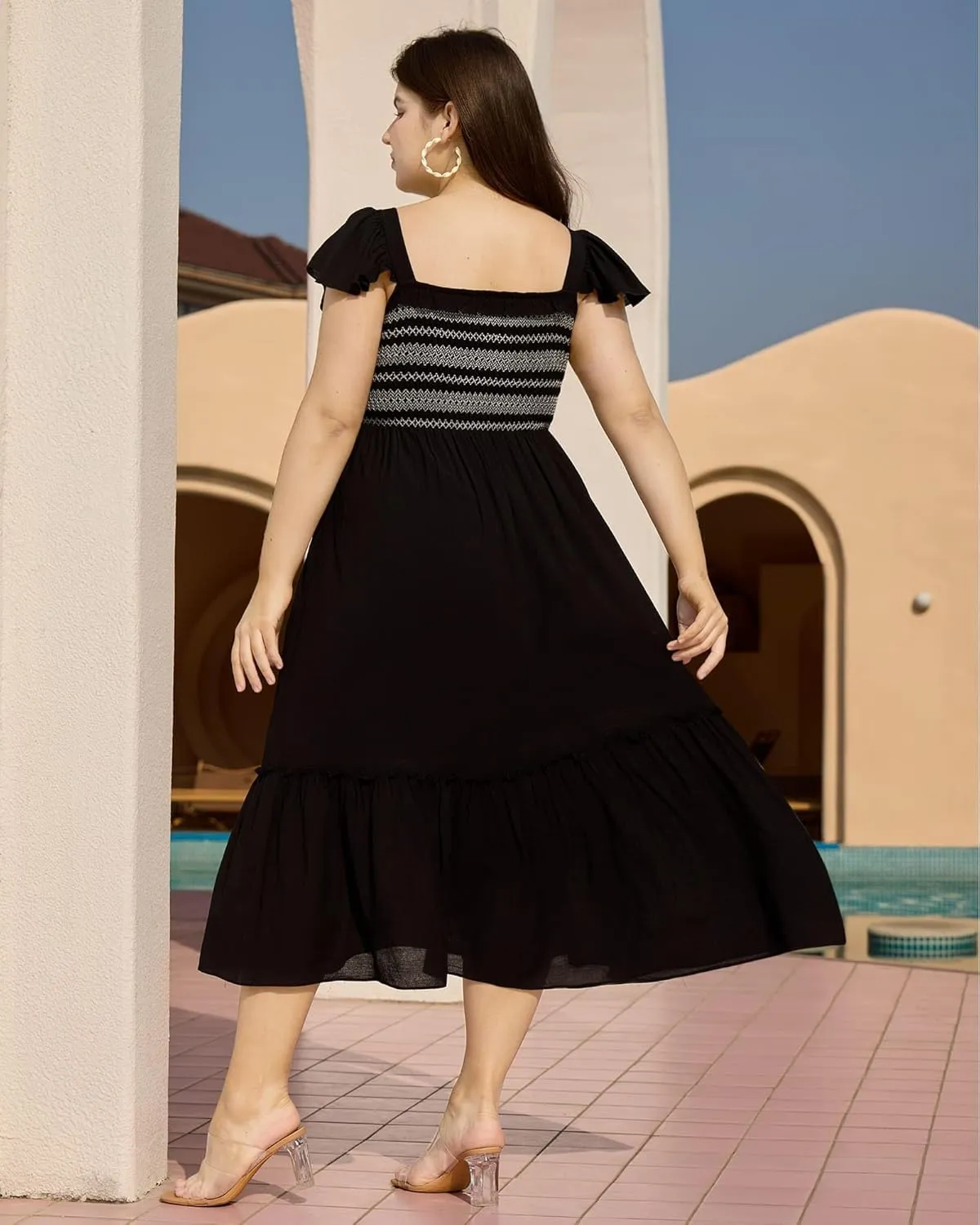 Plus Size Summer Square Neck Maxi Dress for Curvy Women Cap Sleeve Smocked Tiered Ruffle Flowy Casual Long Sundress