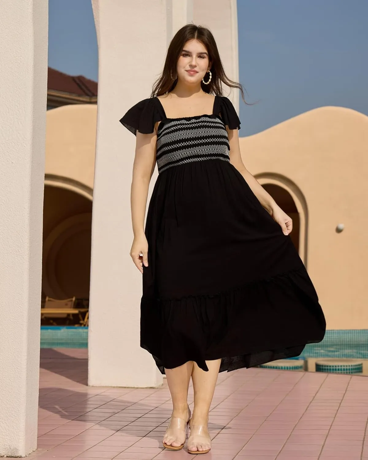 Plus Size Summer Square Neck Maxi Dress for Curvy Women Cap Sleeve Smocked Tiered Ruffle Flowy Casual Long Sundress