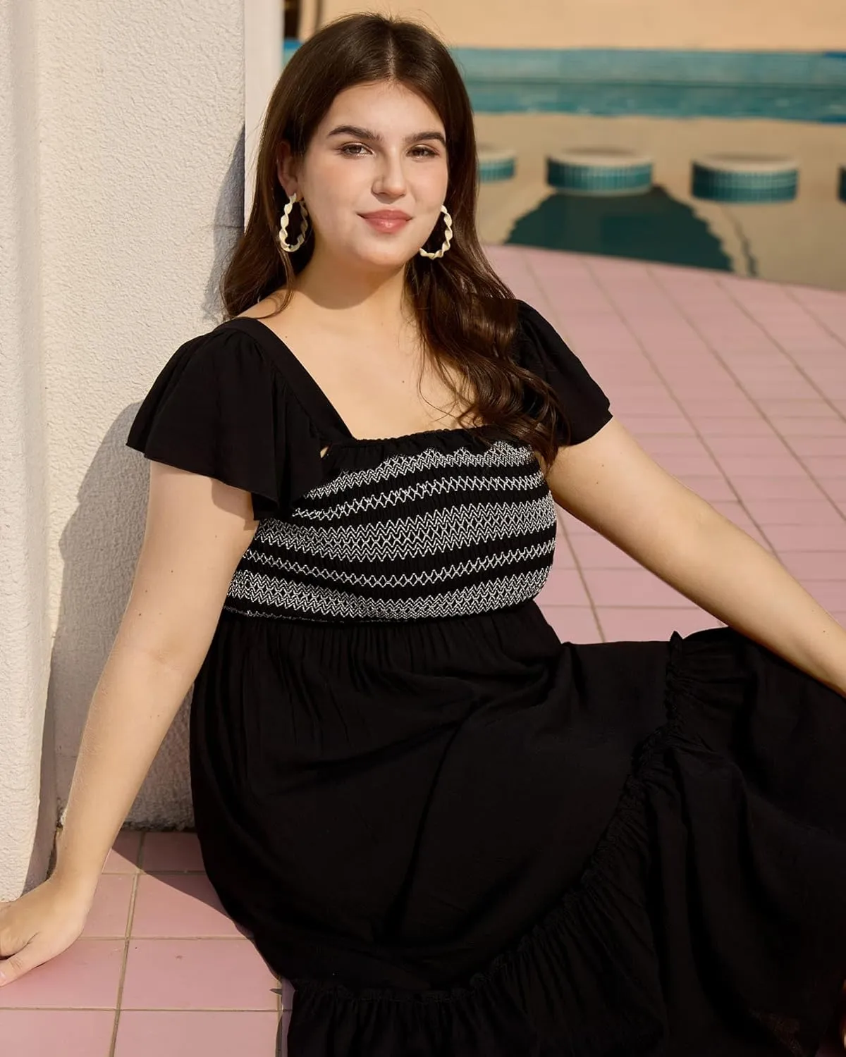 Plus Size Summer Square Neck Maxi Dress for Curvy Women Cap Sleeve Smocked Tiered Ruffle Flowy Casual Long Sundress