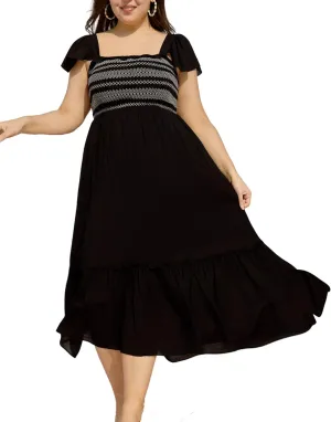 Plus Size Summer Square Neck Maxi Dress for Curvy Women Cap Sleeve Smocked Tiered Ruffle Flowy Casual Long Sundress