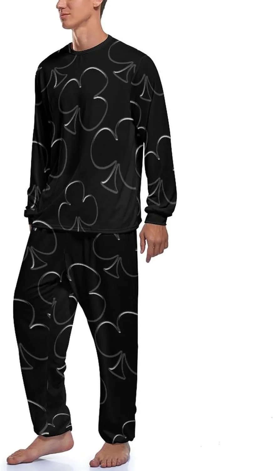 Poker Clubs Clovers Mens Pajamas Set Crew Neck Long Sleeve Sleepwear Top & Pants 2 PCS Loungewear