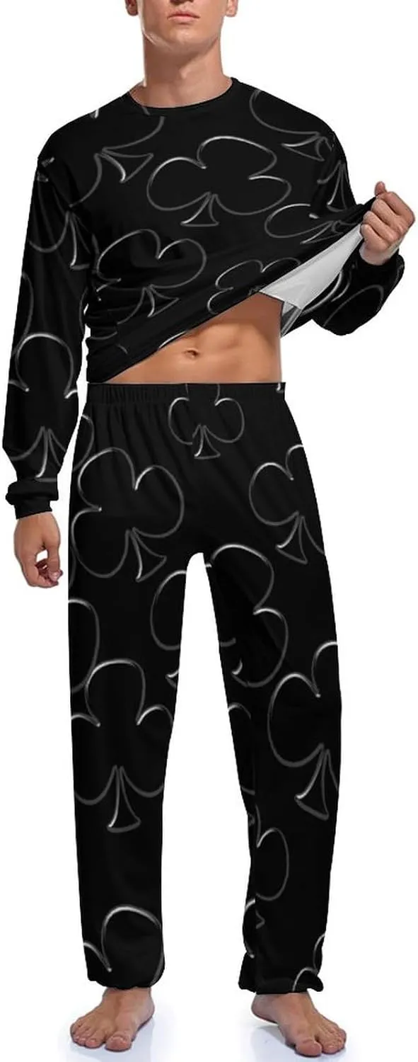 Poker Clubs Clovers Mens Pajamas Set Crew Neck Long Sleeve Sleepwear Top & Pants 2 PCS Loungewear
