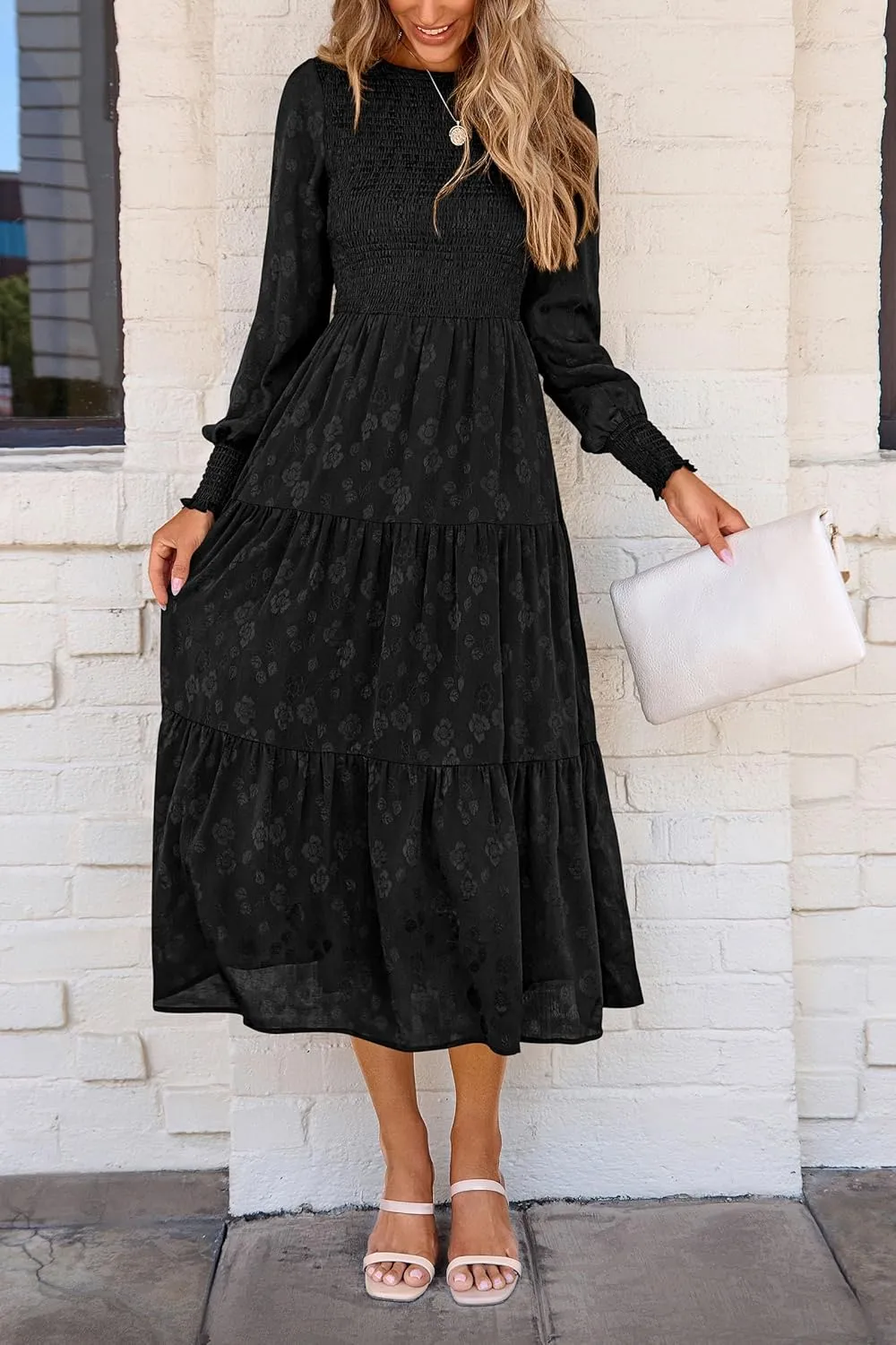 PRETTYGARDEN Women's Fall Spring Midi Dress Long Sleeve Floral Smocked Elegant Wedding Guest Long Flowy Dresses with Pockets