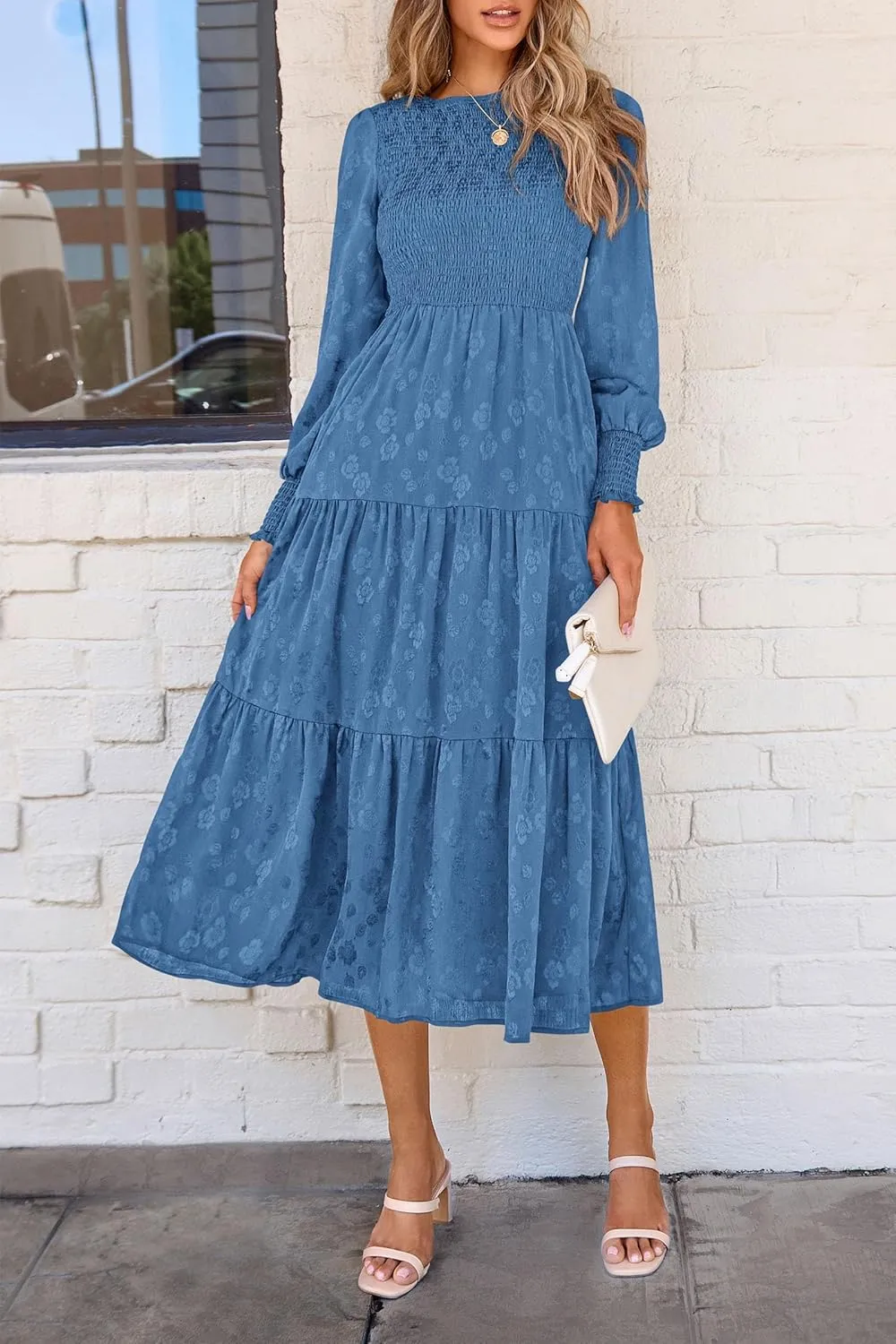 PRETTYGARDEN Women's Fall Spring Midi Dress Long Sleeve Floral Smocked Elegant Wedding Guest Long Flowy Dresses with Pockets